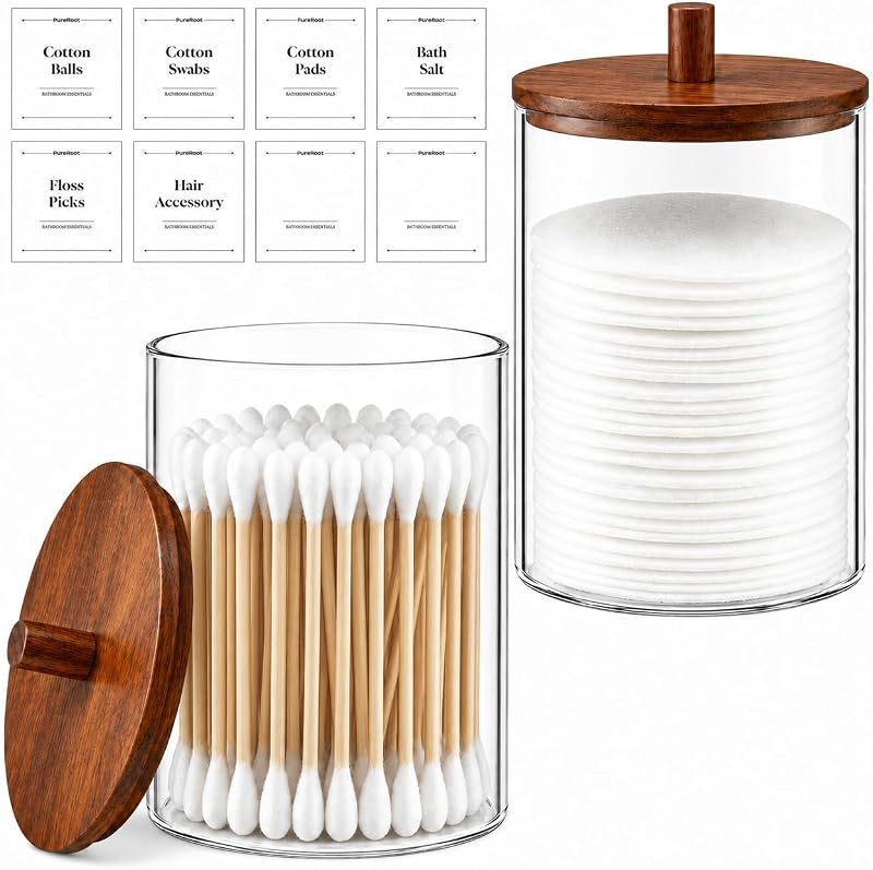 Conjunto com 2 frascos de vidro PureRoot com tampas de madeira de acácia e etiquetas