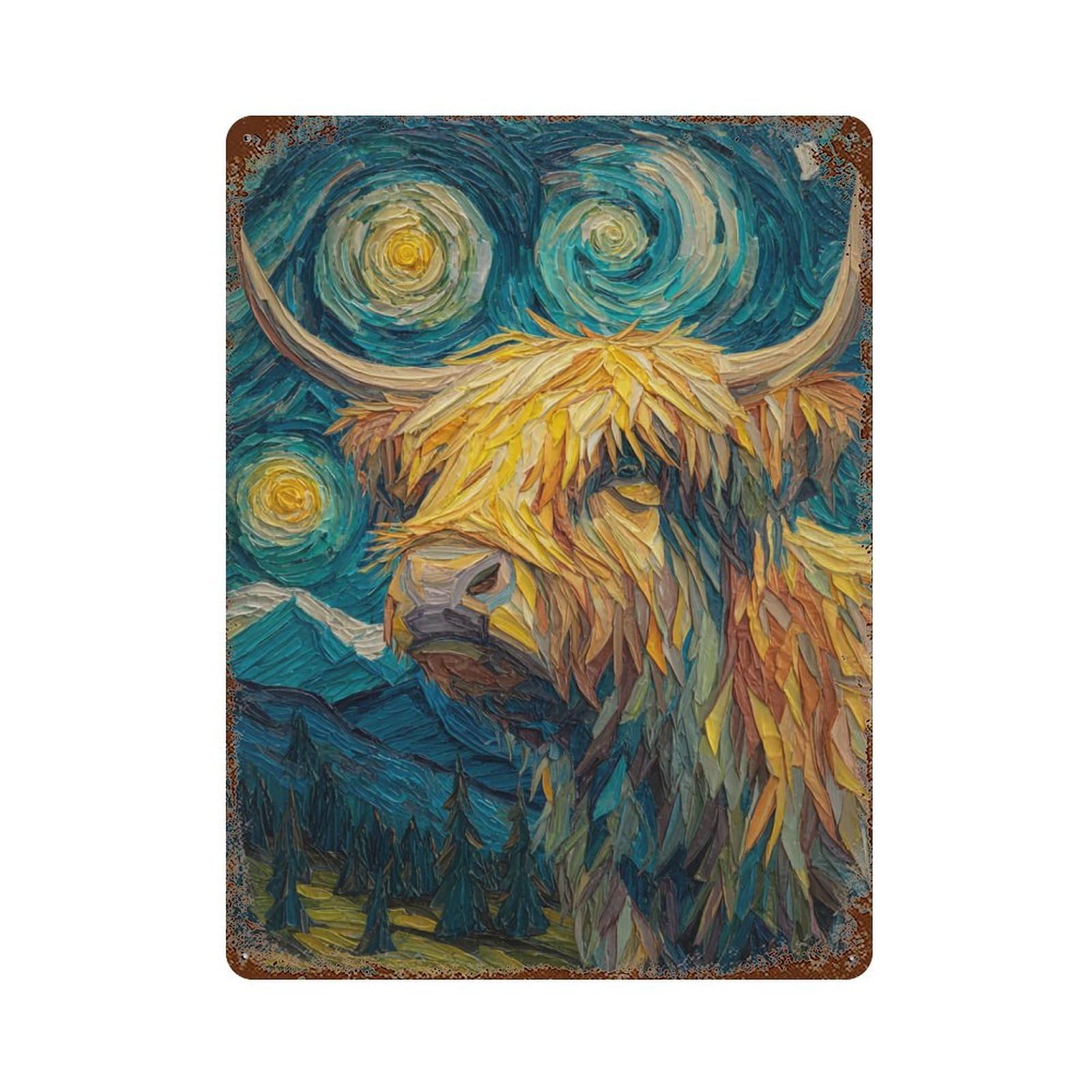 Starry Night Highland Cow Art Print Rustic Tin Plaque 15.7"x11.8", Industrial Home Decor for Pub, Kitchen And Man Cave Decor