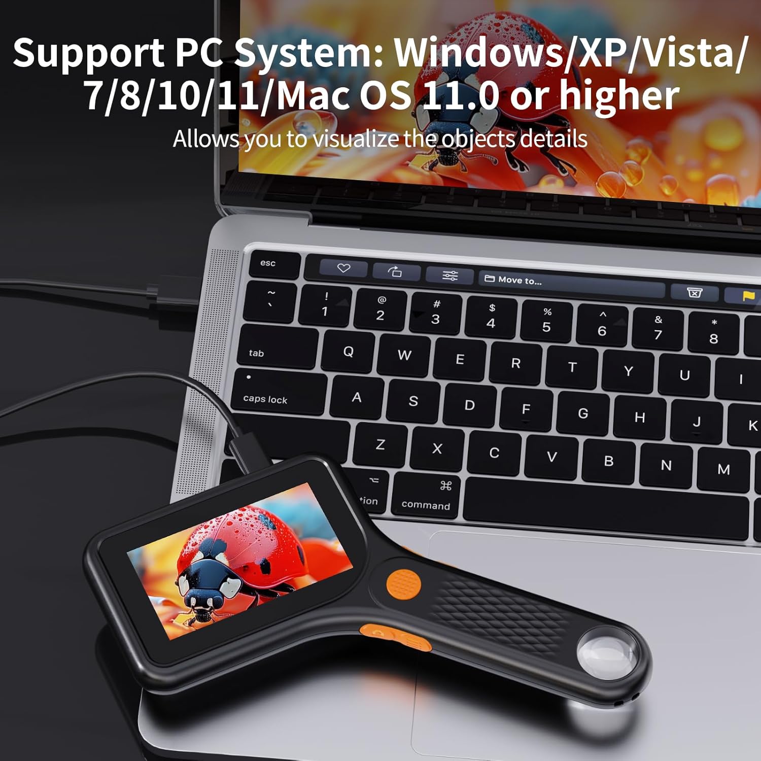 Ashfly Digital Microscope connected to a laptop, displaying a magnified image on the laptop screen.