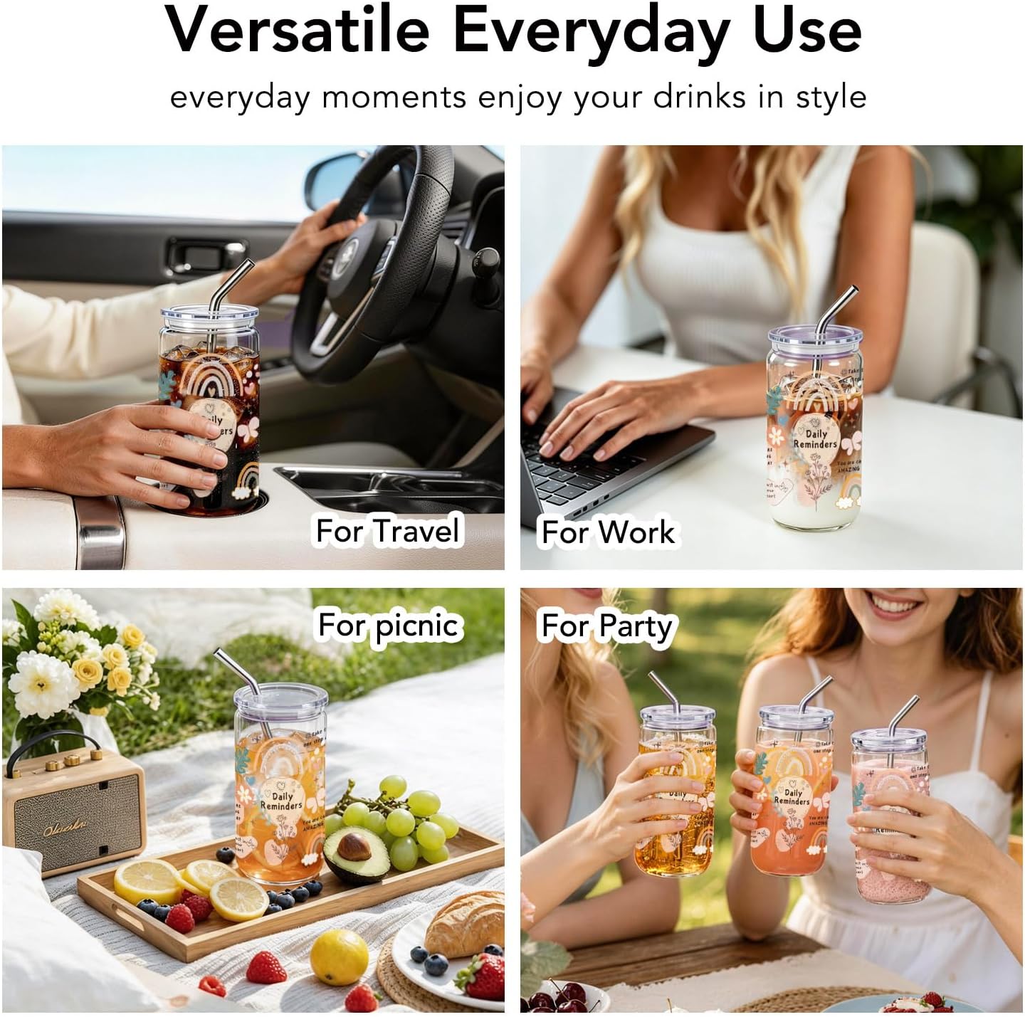 Daily Reminders Inspirational Gifts for Women 16 oz Glass Cups with Lids and Straws, Positive Affirmation Iced Coffee Cup Tumbler for Friends, Birthday Self Care Graduation Gifts for Teacher Counselor