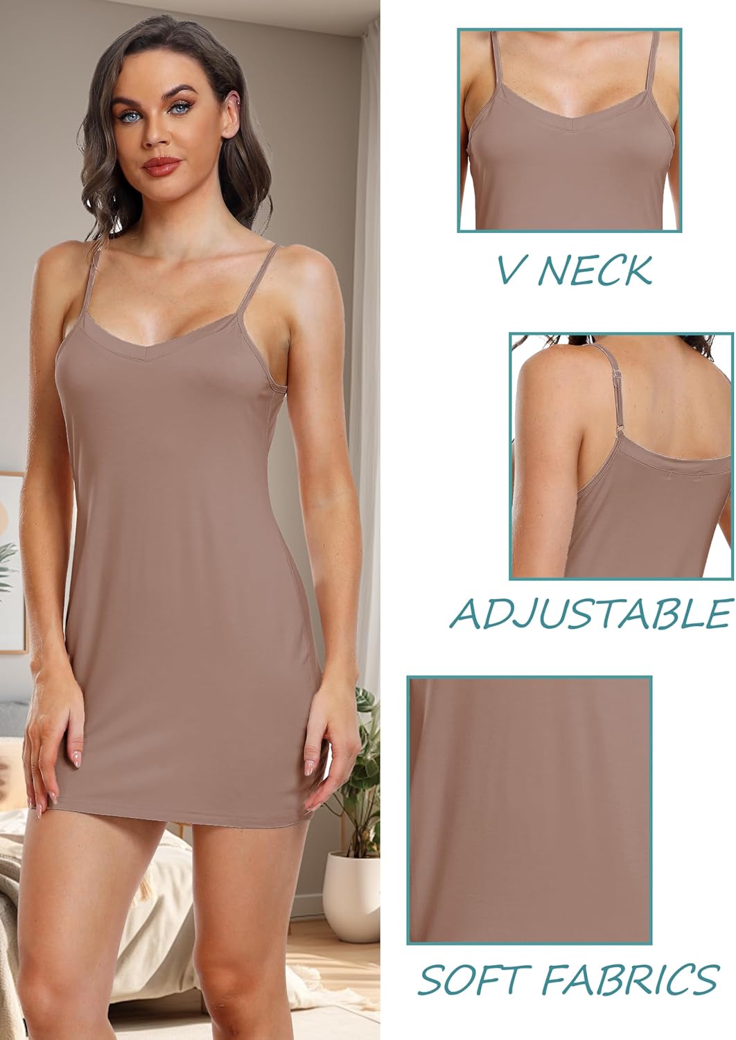 Women's Full Slips Mini Under Dress Adjustable Spaghetti Strap Cami Dress Basic Slip Nightgown - Image 4