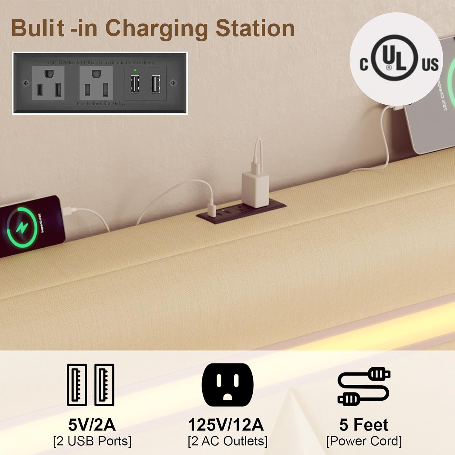 Full Size Bed Frame with Adjustable Headboard, Charging Station, LED Light, Faux Leather Upholstered Headboard, Solid Wooden Slats Support, No Box Spring Needed, Easy Assembly, Beige