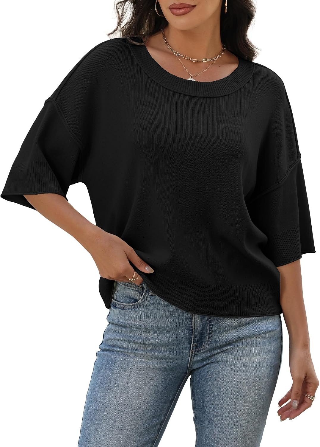 YSYOKOW Summer Sweaters for Women Lightweight Knit Short Sleeve Pullover Tops Casual Oversized Crewneck Sweater