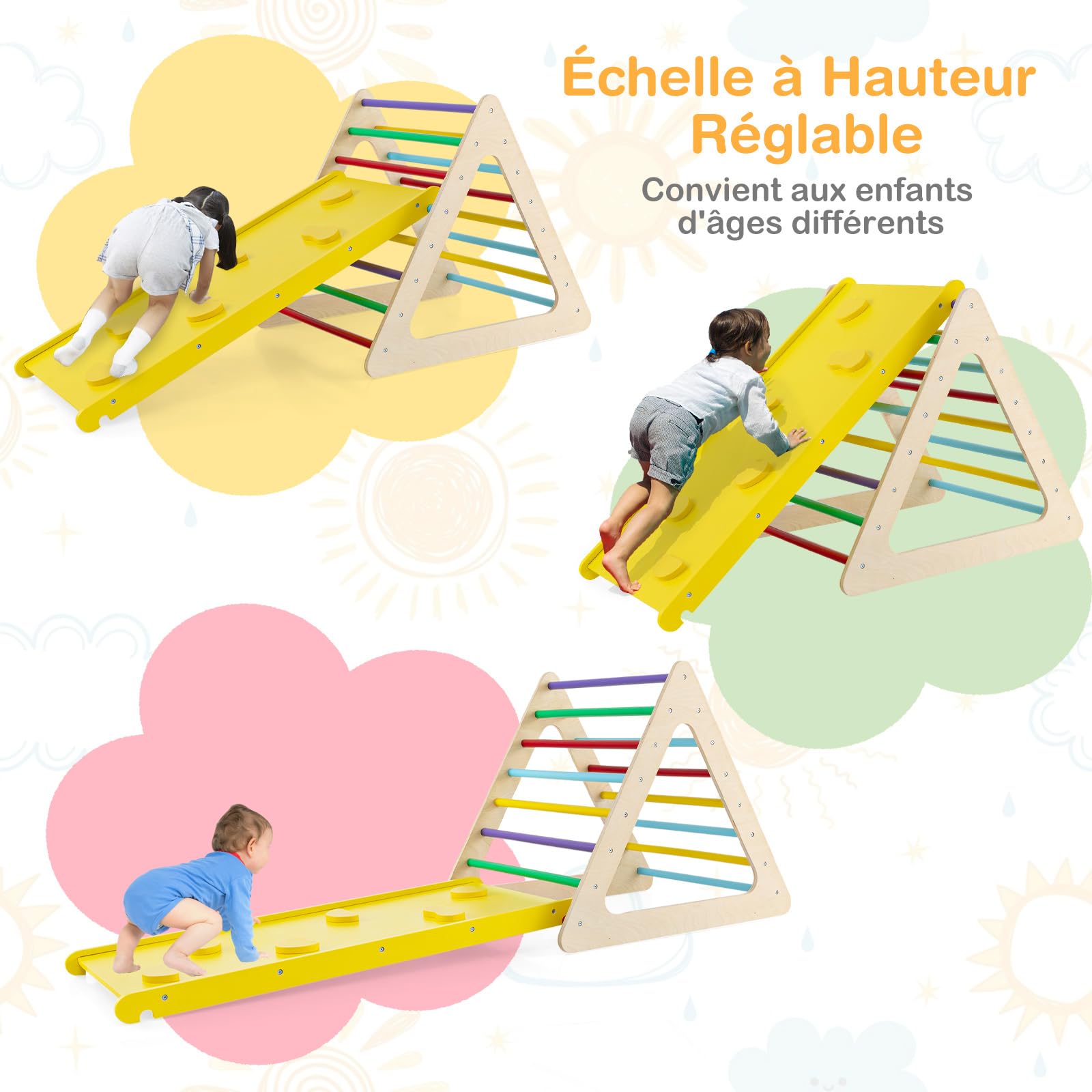 COSTWAY 3 en 1 Aire de Jeux d'escalade Intérieure en Bois avec Toboggan Prolongé & Échelle & Rampe, Triangle d'escalade Montessori Enfant avec Structure Solide, Charge 150kg pour 3 Ans+ (Coloré
