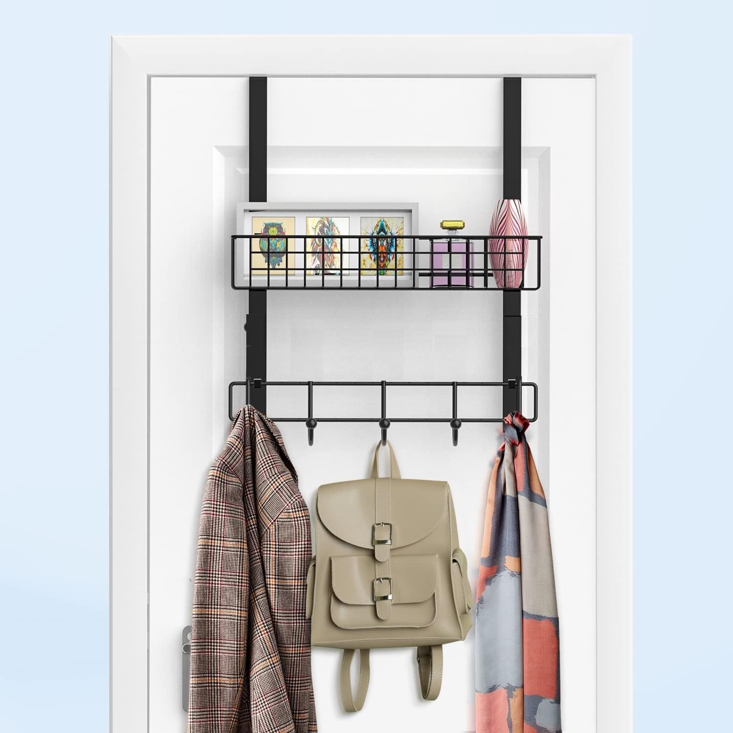 Konquer TimeS Over The Door Hanger with Basket, Detachable Storage Shelf for Towels, Hats, Handbags, And lots more.