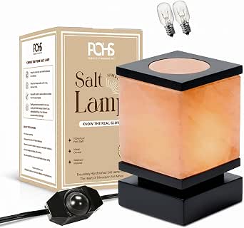 POHS Himalayan Pink Salt Cube Lamp with Wooden Base, Dimmer Switch, and Two Bulbs