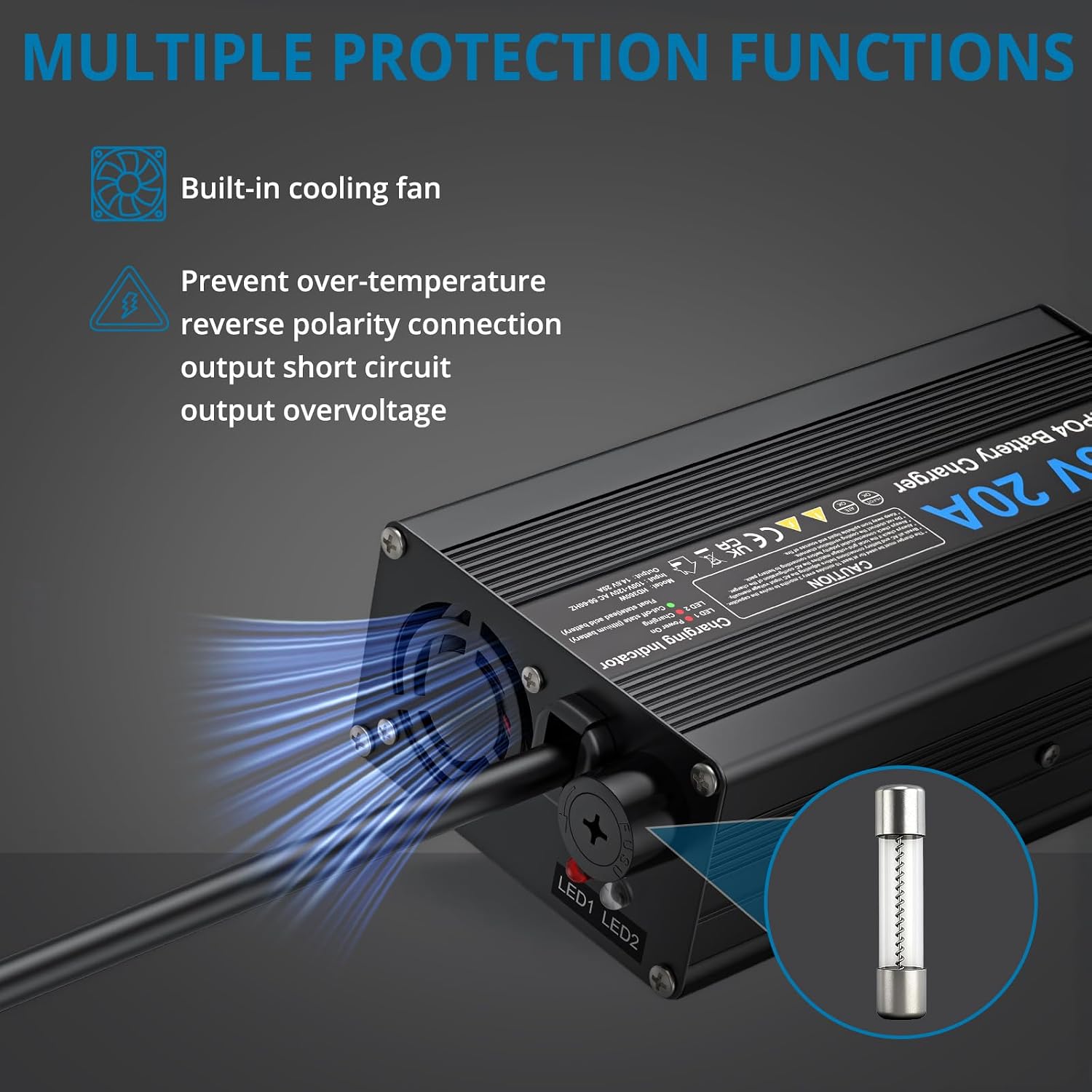 AUTOUTLET 14.6V 20A LiFePO4 Battery Charger - Aluminium Alloy Casing with New 50A Anderson Connector, LED Indicator, Fuse, Cooling Fan, Fast Charging Lithium Battery Charger for Car, Truck, Boat, RV