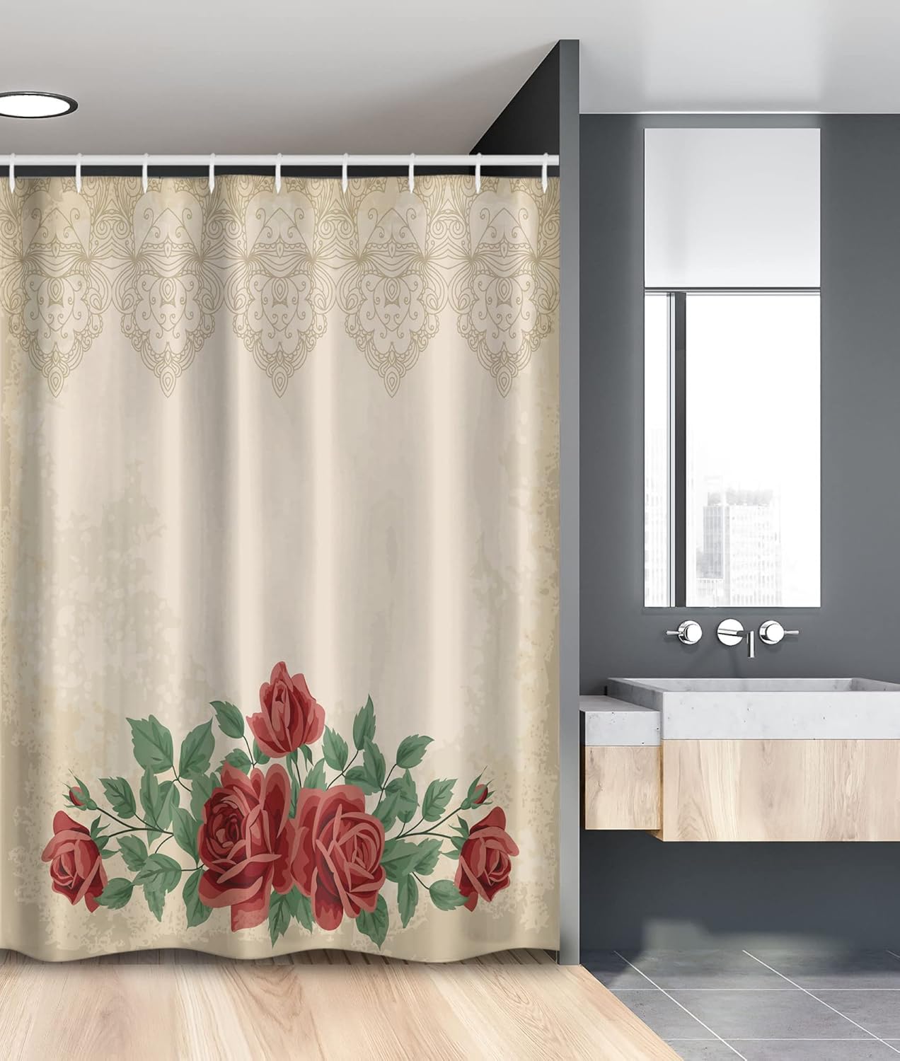 Ambesonne Shabby Flora Stall Shower Curtain, Vintage Glamour Background Red Rose Love and Attraction Delicacy, Fabric Bathroom Decor Set with Hooks, 54" W x 78" L, Beige Green