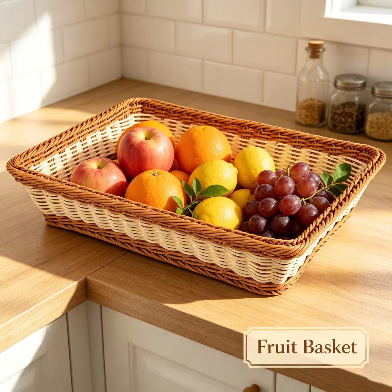 RT&BS 2pcs Large Wicker Bread Basket for Serving, Wicker Fruit Basket, Display Baskets for Vegetable Fruit, Reusable Handwoven Serving Baskets for Kitchen, Store, Restaurant, Outdoor (Bicolor, L) image 4