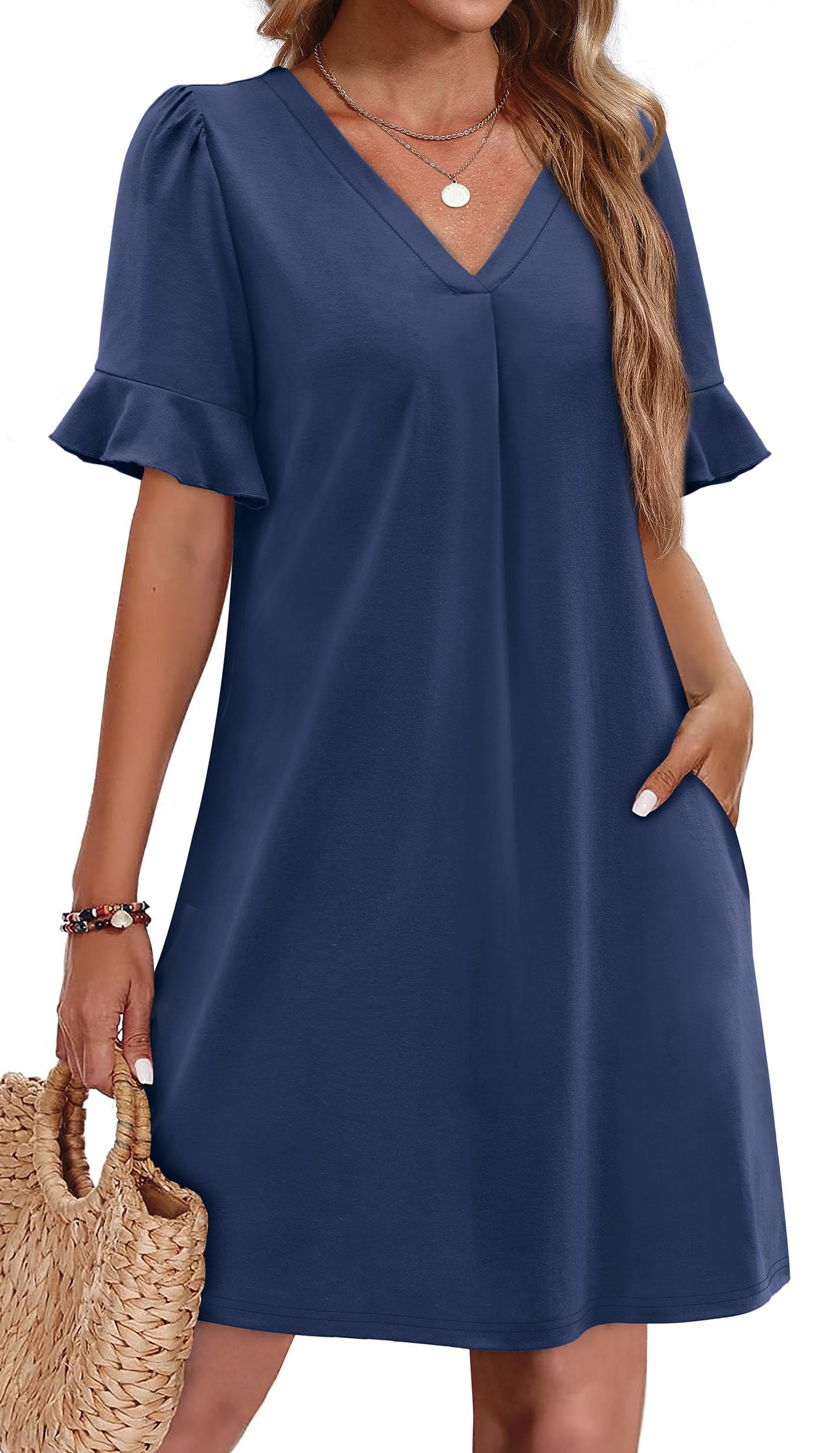 OFEEFAN Summer Dresses for Women Ruffle Short Sleeve V Neck Casual Shift Dress with Pockets OEKO-TEX STANDARD 100