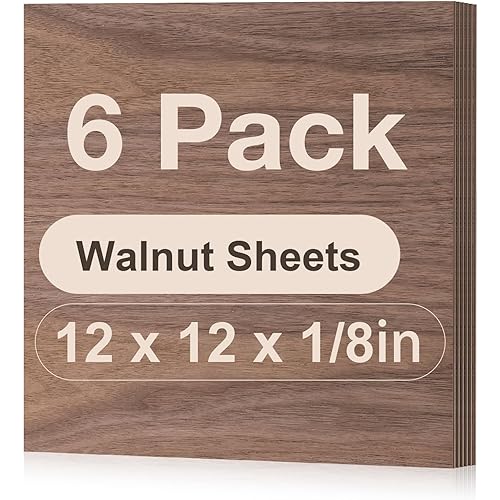 Rowood 6 Pack Walnut Plywood 1/8,12x12x1/8inch,3mm Thick Unfinished Wood for Laser Cutting and Engraving,DIY Ornaments,Wood Burning,Models Drawing