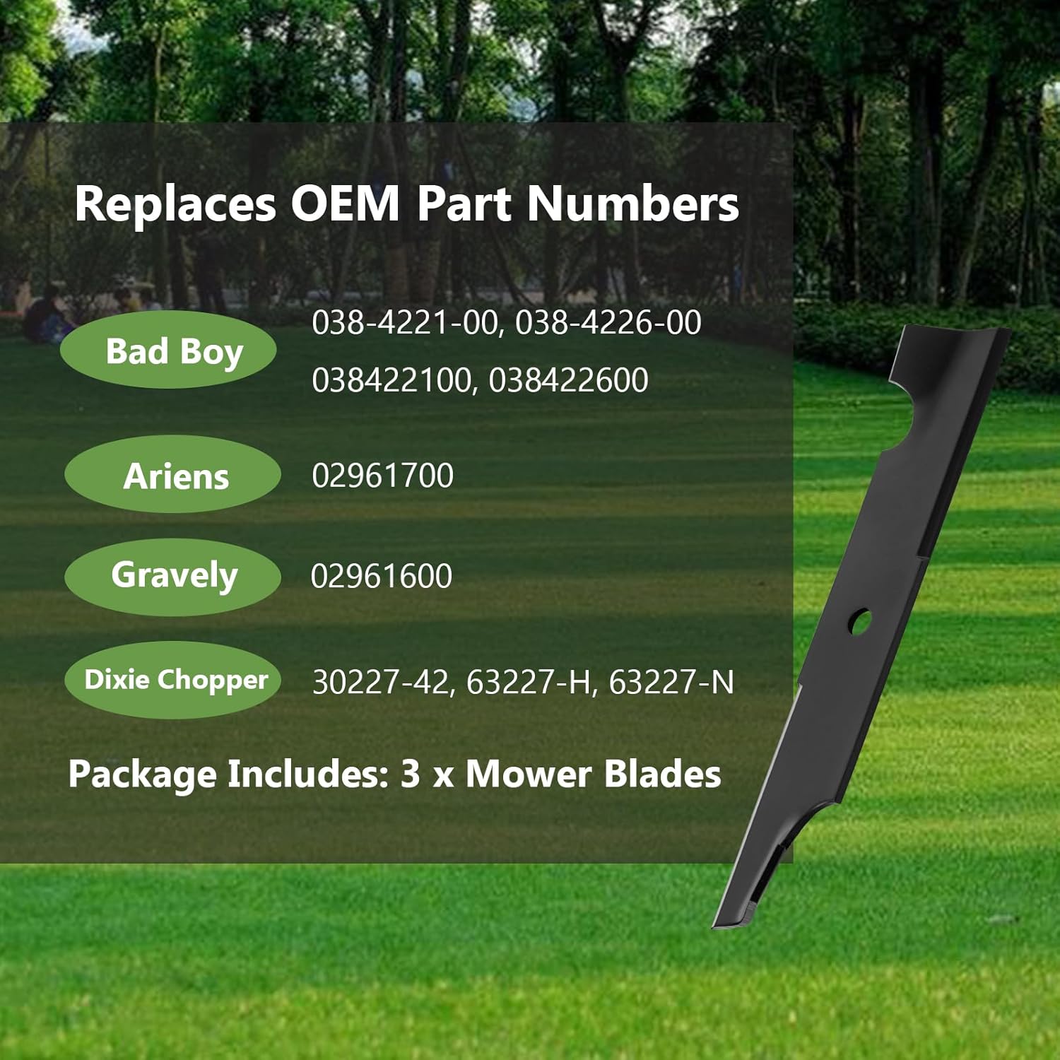 (3PCS) 038-4221-00 Notched High Lift Lawn Mower Blades - Replace OEM 038-4226-00 30227-42 63227-N - Fits Bad Boy MZ Magnum CZT Gravely Ariens Dixie Chopper Lawn Mower - for 42 Inches Deck