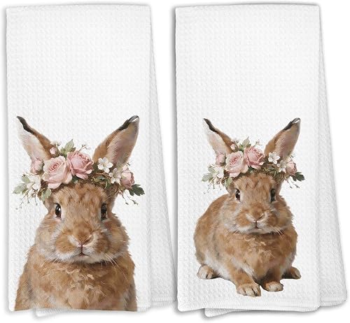 KTYHD Cute Bunny Rabbit Kitchen Towels Set of 2, Cute Easter Nursery Bunny Bathr