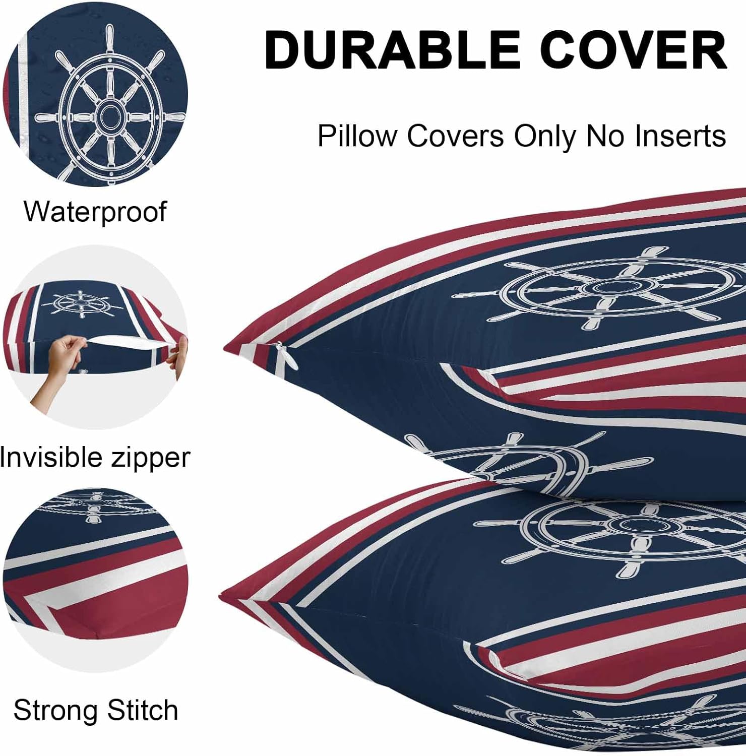 Chucoco Waterproof Pillow Covers for Couch Throw Pillow Cases Set of 2, Nautical White Anchor Navy Blue Red Decorative Cushion Pillow Covers 20x12In,Indoor Outdoor Decoration Geometric Color Art