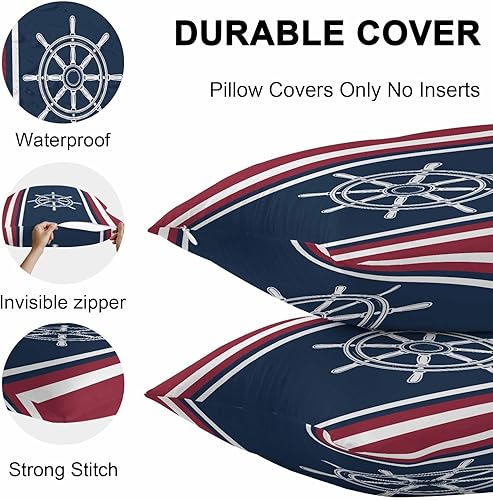 Miniatura 7 de Juego de 2 fundas de almohada impermeables para sofá, fundas de almohada decorativas con ancla blanca náutica, azul marino, rojo, 18 x 18 pulgadas,