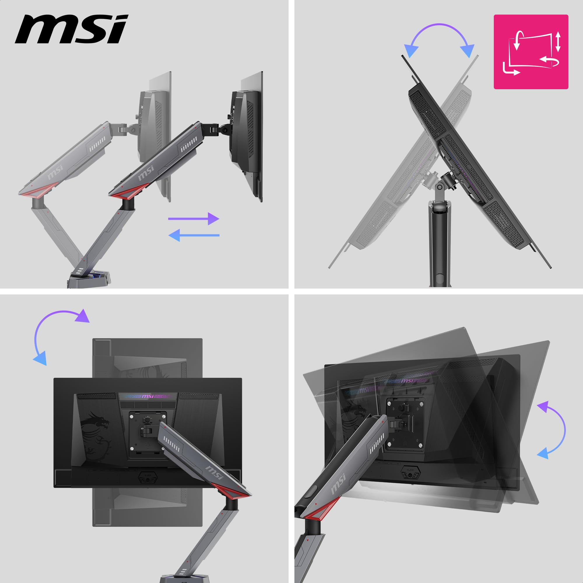MSI MPG MT161R – Bras de Support pour écran Simple RVB de qualité supérieure, Prend en Charge Les écrans de 17 à 45" et 16 kg, Compatible VESA, Support à Ressort réglable, Pince et œillets, Plaque de