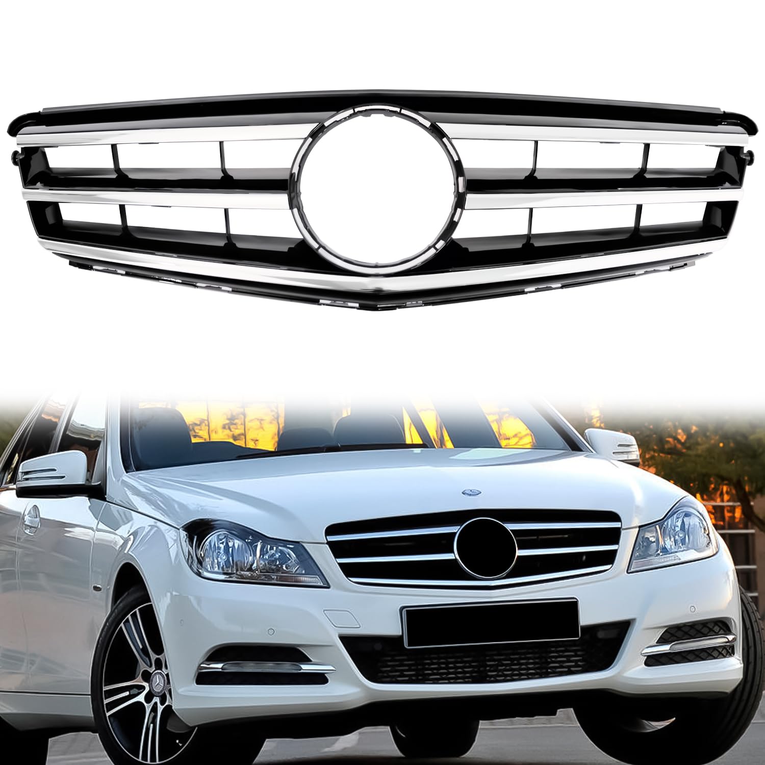 C300 Grill Front Grille for Mercedes Benz W204 C Class C250 C300 C350 C200 2008-2014, NOT Fit for C63 AMG Style Chrome Black Sport Style