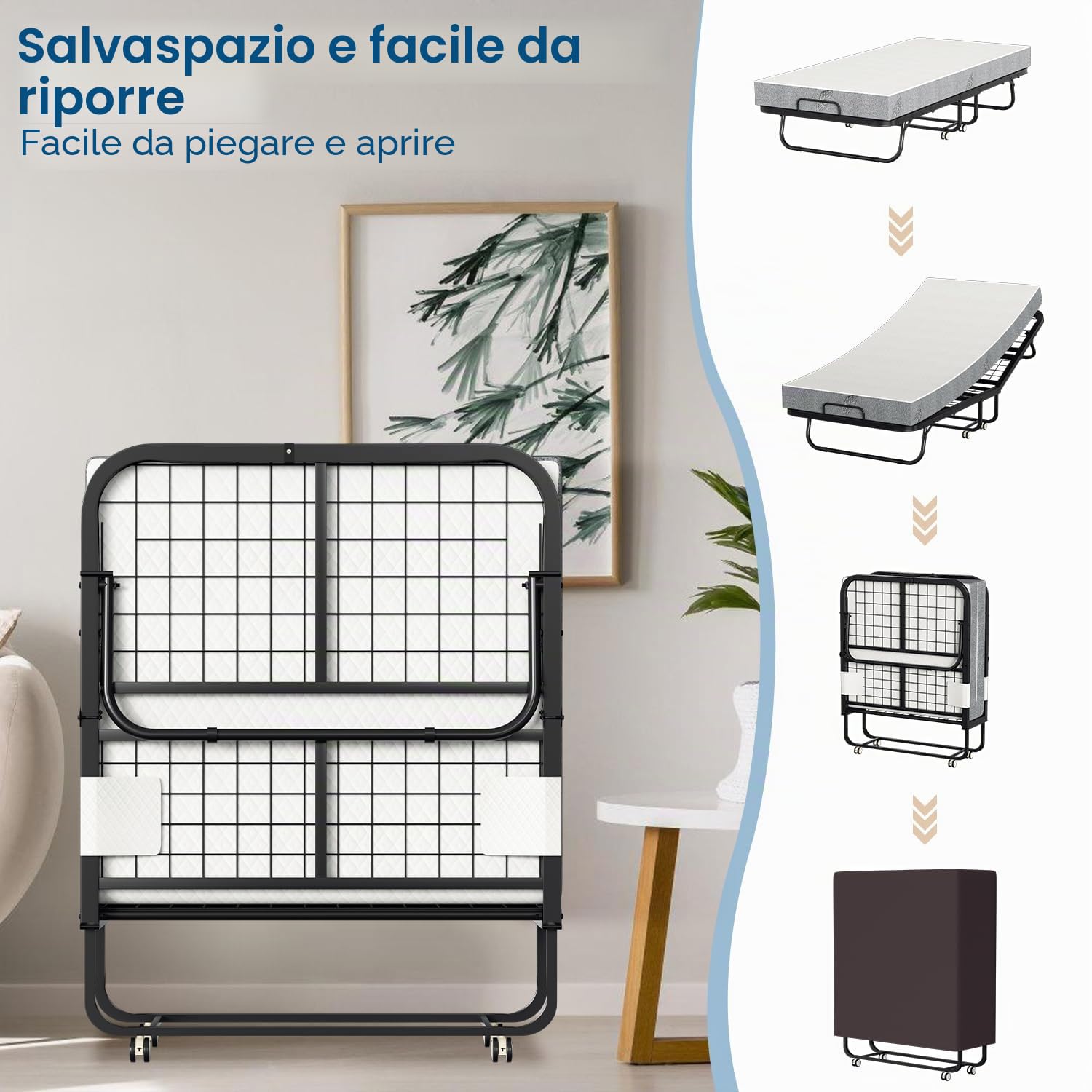 ISOSIL Letto Pieghevole 90 x 200 cm, con Materasso in Schiuma da 13 cm, Telaio in Acciaio al Carbonio, Ruote, Portata 200 kg