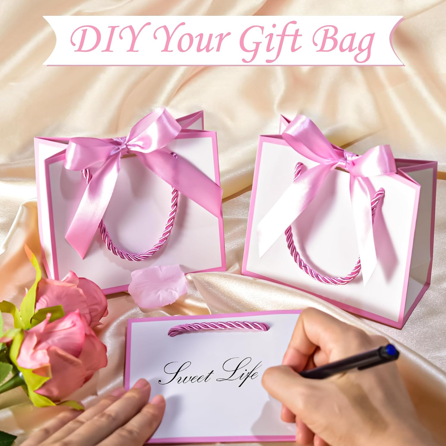 EQOREIIN 50 PCS Small Gift Bags with Handles,White Mini Bag,5.5x 2.5x4.7 Inches Small Thank You Gift Bags Bulk with Ribbon for Party Favors,Mother's Day, Goodie, Weddings,Baby Shower(White Pink) - Image 3