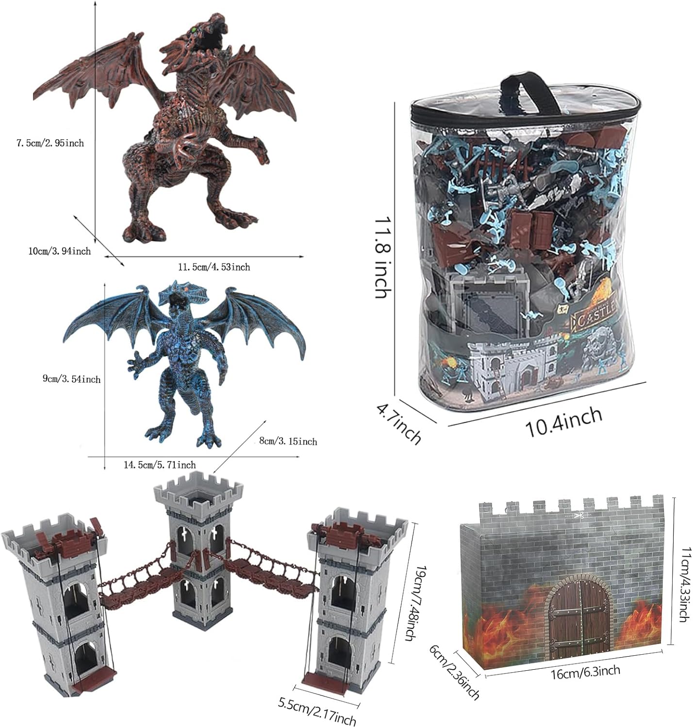 Army Men Action Figures Toy Soldiers Set, Medieval Castle Small Soldiers Military Toy, Plastic Army Men playset Castle Building Set with Storage Bag and Map