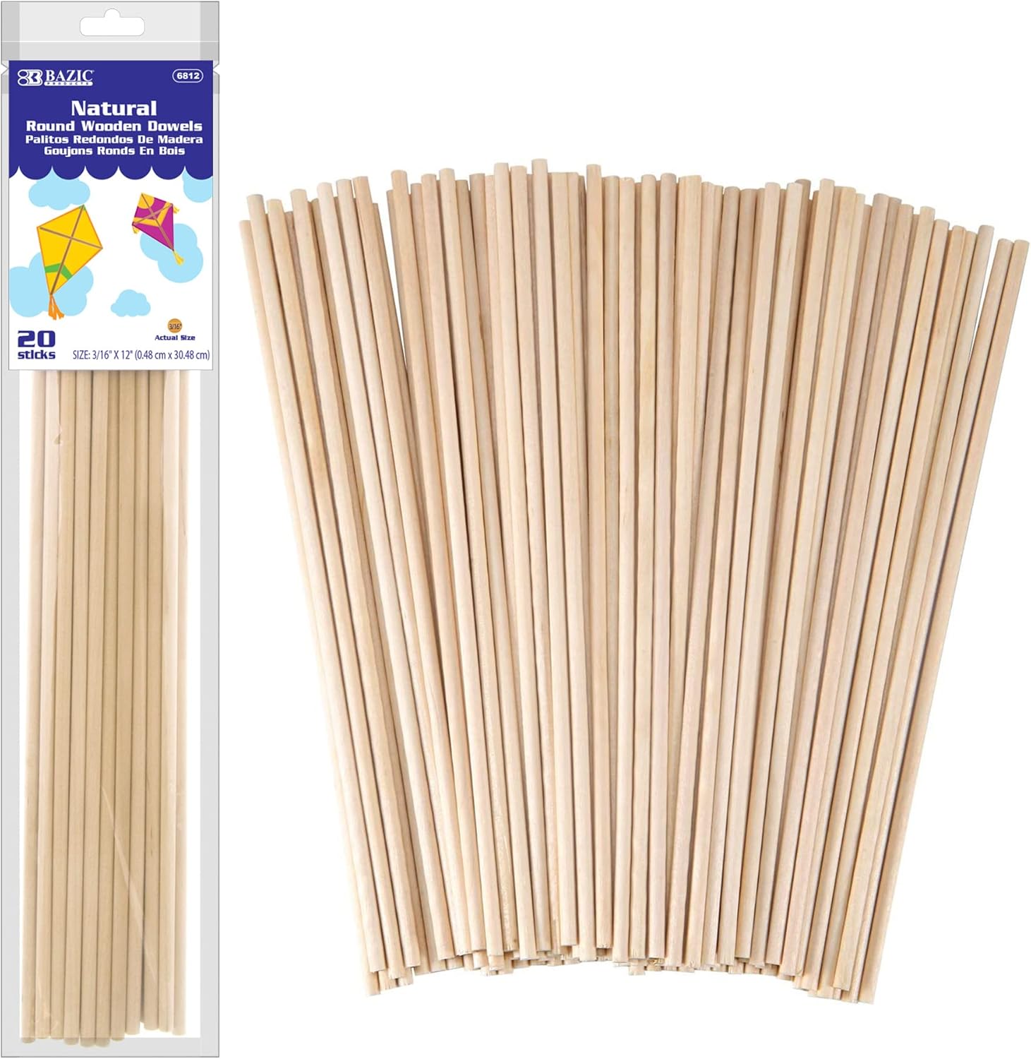 BAZIC Products Wooden Dowel Rods Wood Sticks, 3/16" x 12" Round Natural Color Hardwood Stick, Unfinished Wood for Crafts Lollipops Cake Support (20/Pack), 144-Packs