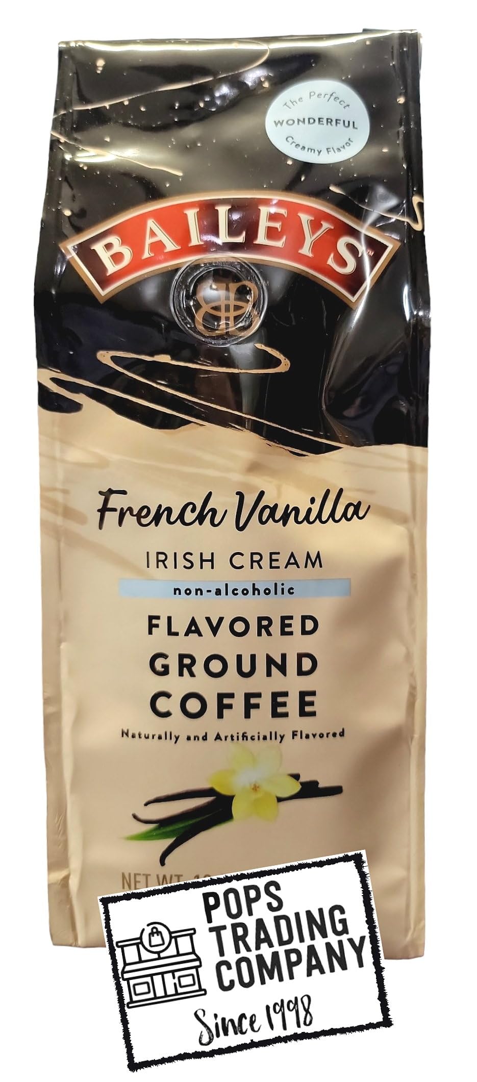 POPS TRADING COMPANY Since 1998 French Vanilla Irish Cream Flavored Ground Coffee Light Roast w/Pops Recipe Card 10- ounce Bag