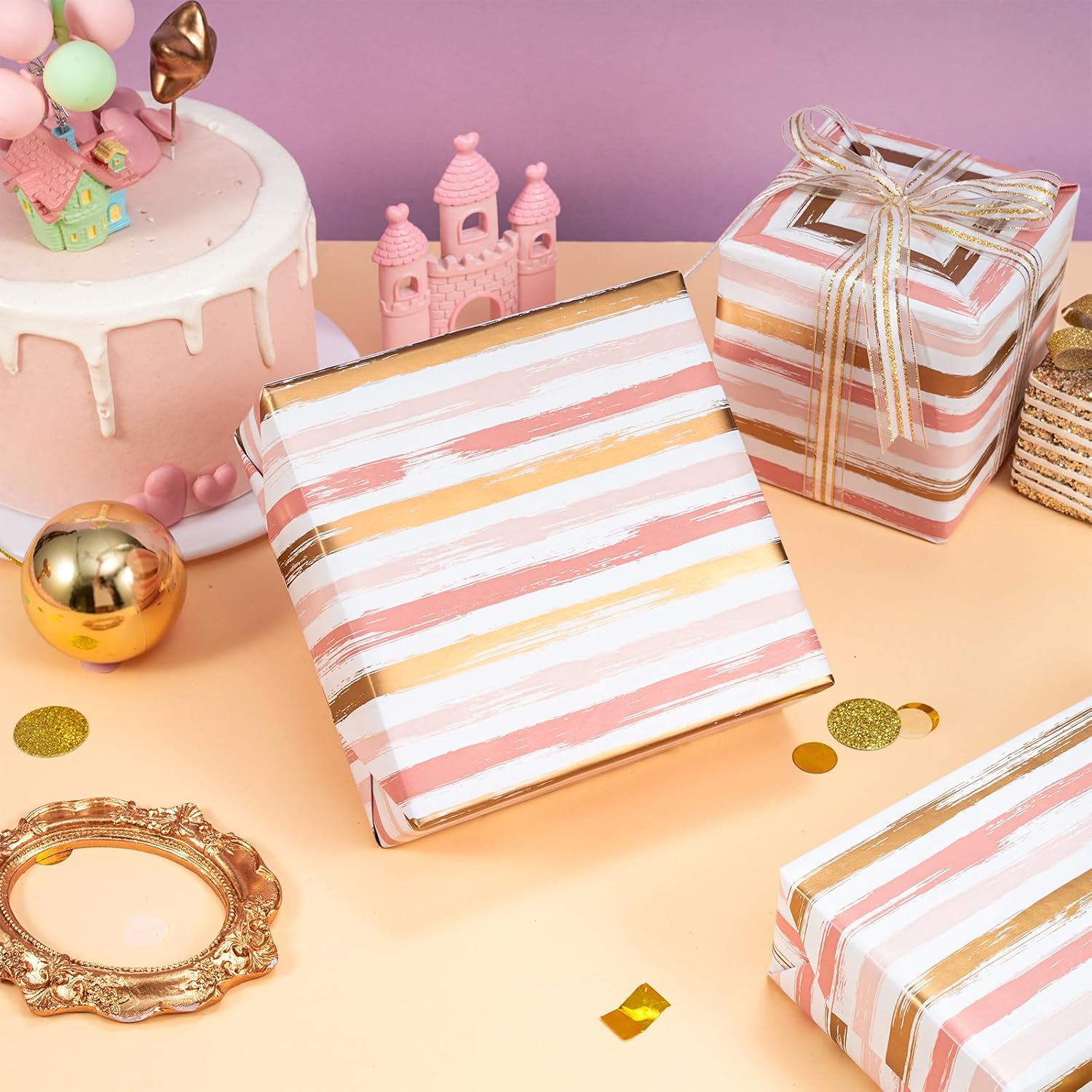 LeZakaa Pink Wrapping Paper Roll, Pink Striped Metallic Foil Gift Wrap for Baby Girl, Christmas, Birthday, Bridal Shower, Wedding Presents, with Gridlines, Mini Roll 17 in x 9.8 ft