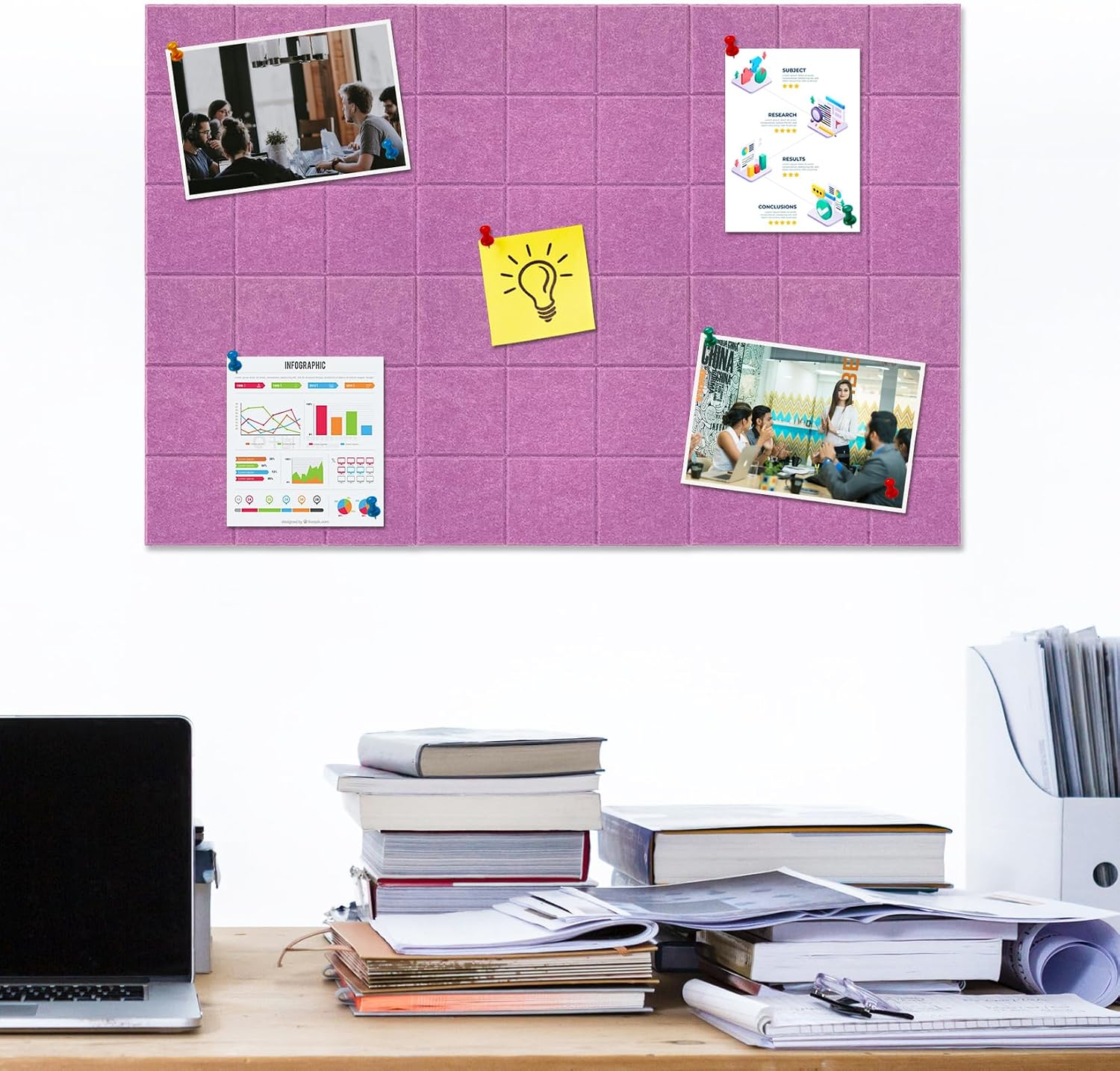 Large Square Felt Cork Board Tiles, Self Adhesive DIY Felt Bulletin Board with 35 Pushpins for Office School Home Wall Decor Stickers Memos Photos (Light Purple) image 2