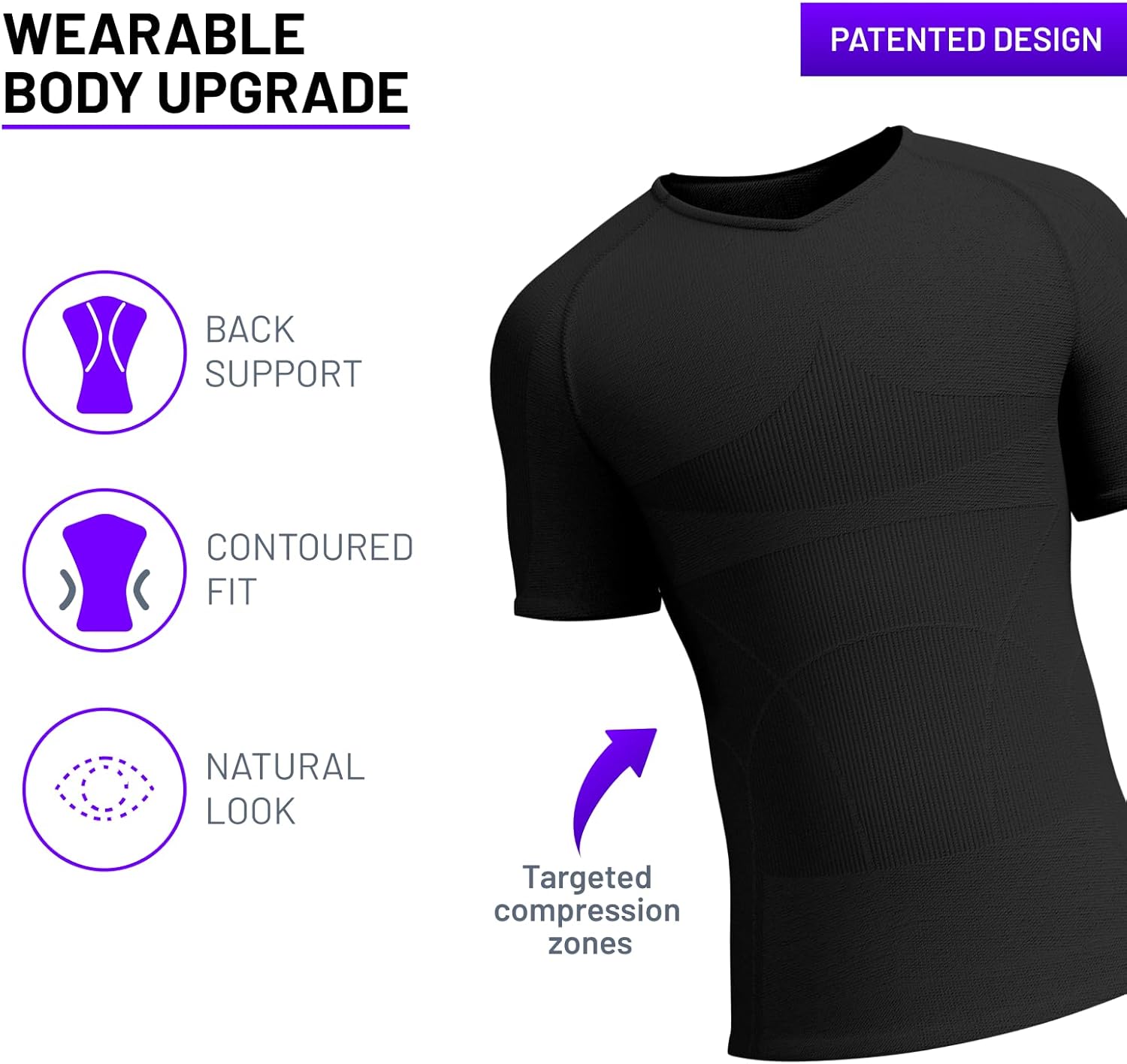Rounderbum Men’s Compression Tech T-Shirt – Seamless Posture Support & Core Shaping Undershirt, 4 Colors