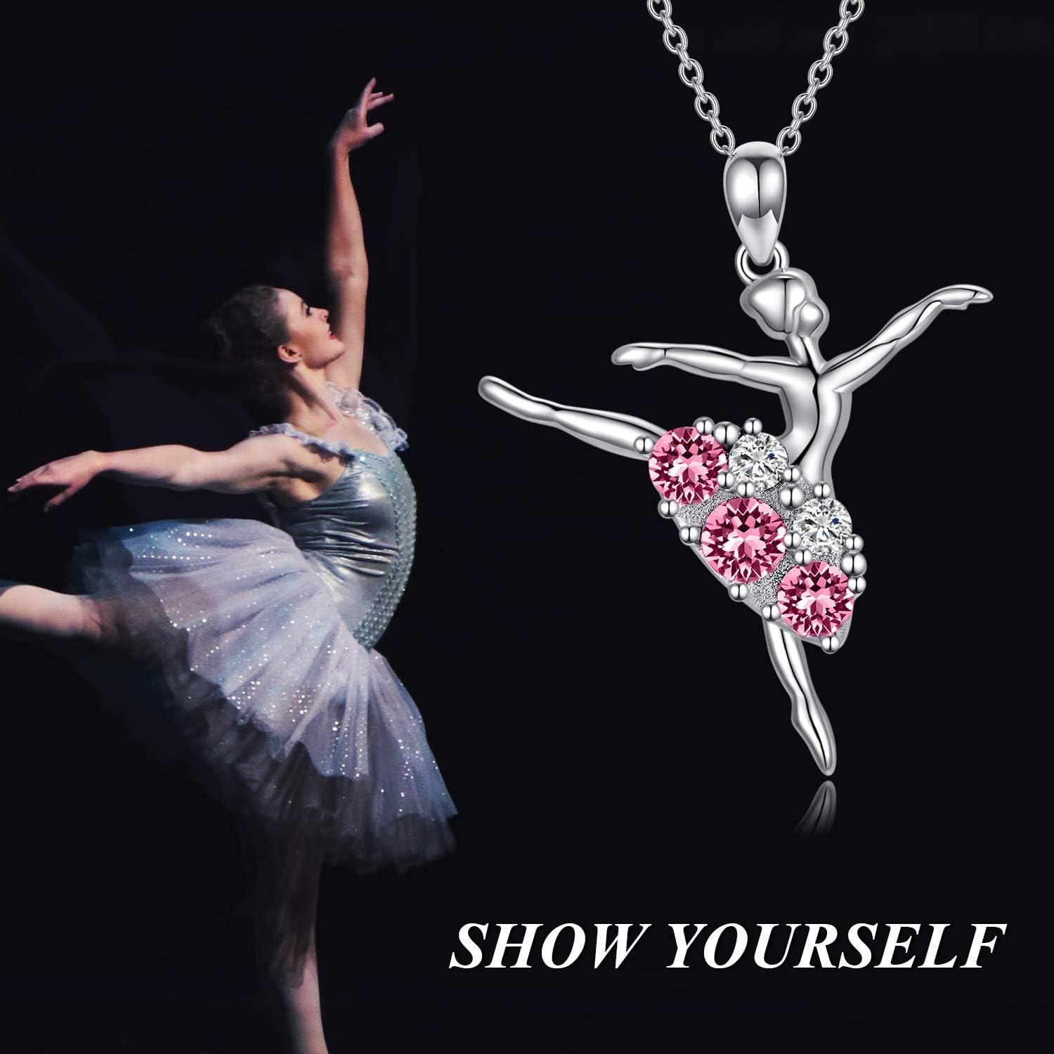 AOBOCO Ballerina Necklace 925 Sterling Silver Dancer Pendant Embellished with Birthstone Crystals from Austria, Christmas Ballet Recital Themed Dancer Gifts for Women - Image 2