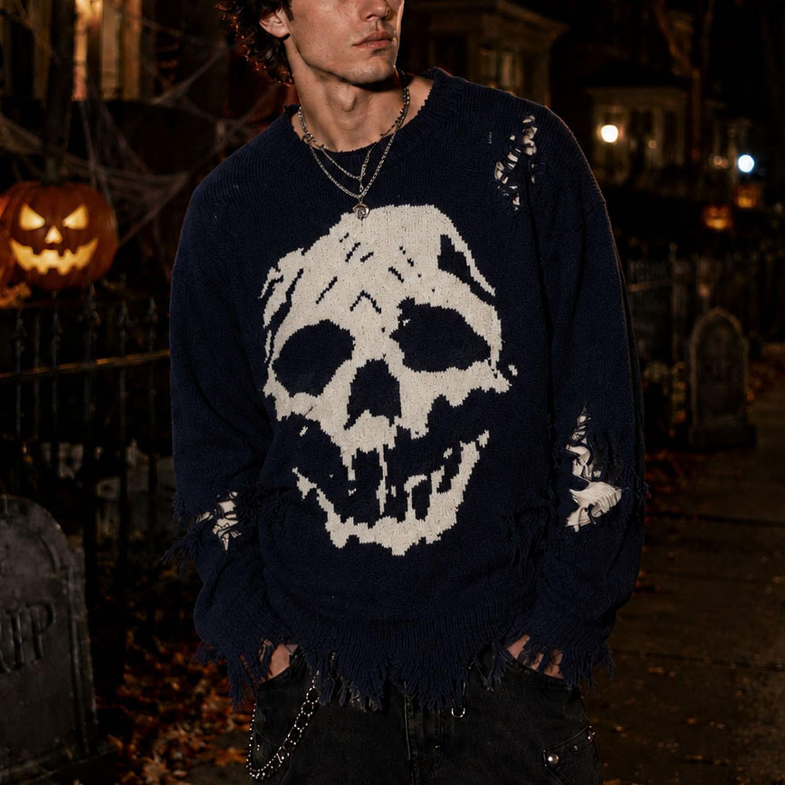 Cappotto Girocollo da Uomo con Stampa Scheletro Maglione Oversize da indoss