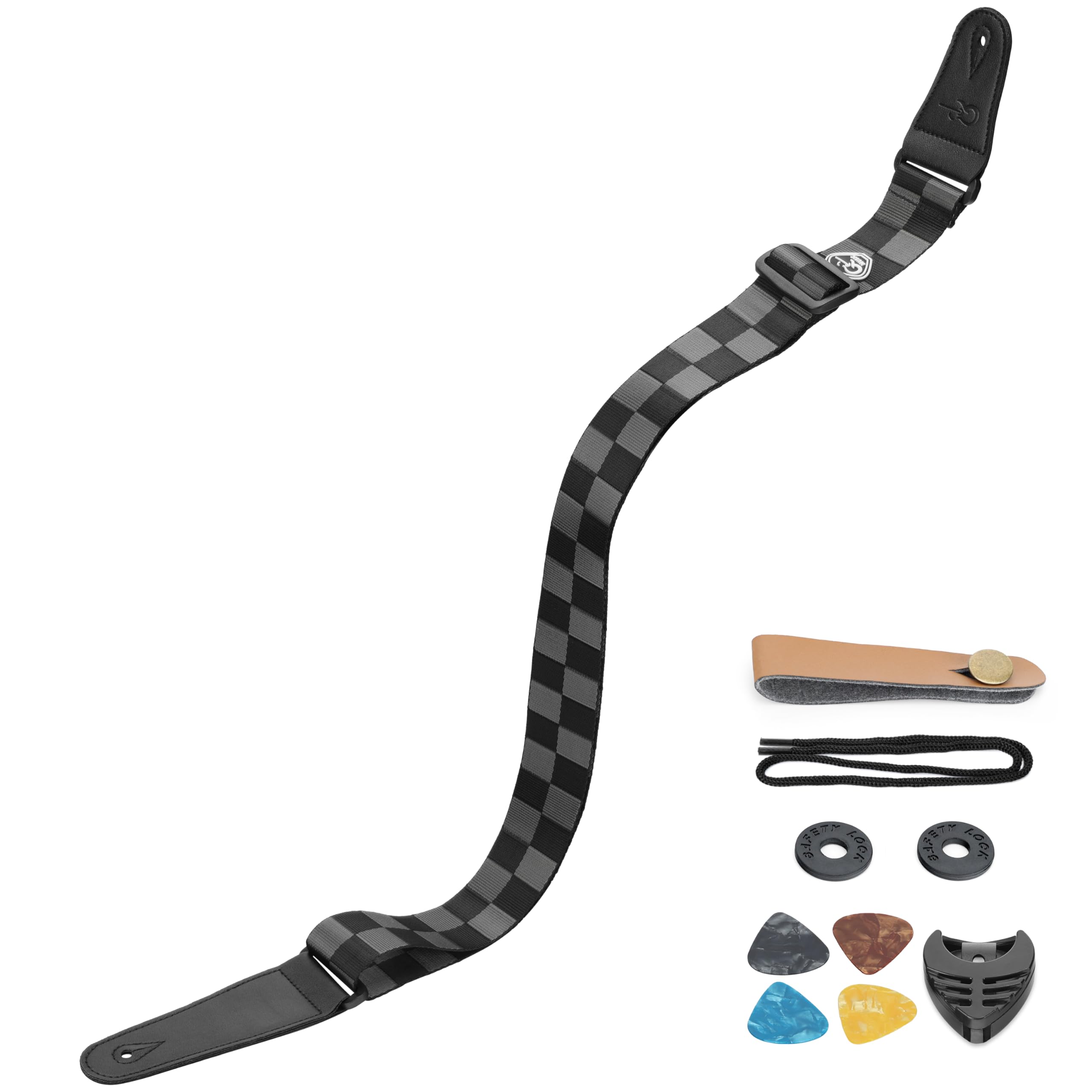 SUNYA Nylon Guitar Strap, Checkerboard, 5cm Wide with Full Grain Leather Ends, Includes Rubber Strap Locks and Picks, Adjustable 88-145cm for Acoustic, Electric, and Bass Guitars