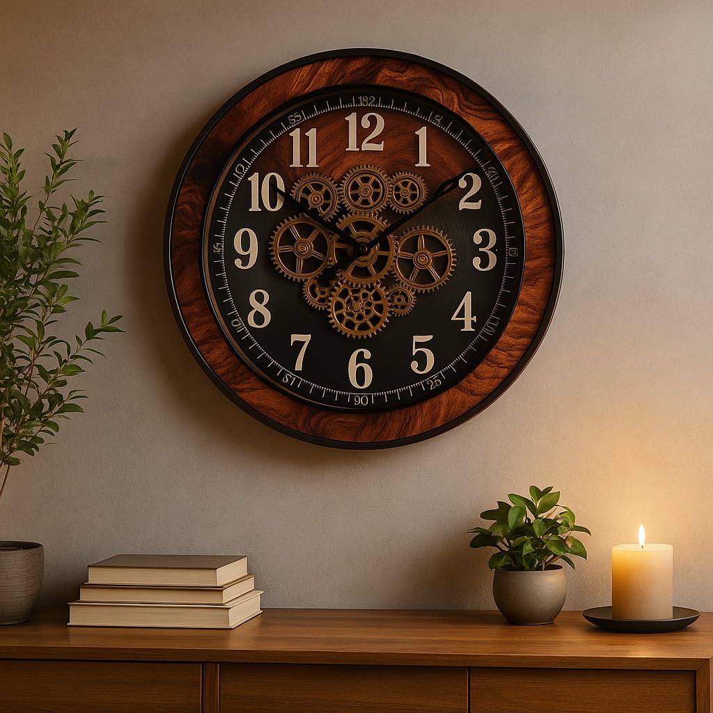 formano XXL Wanduhr antik Zahnräder 58x58cm Metall, goldene drehende Zahnräder Wurzelholz-Dekor, batteriebetrieben, Vintage Design, edle Uhr für Wohnzimmer, sichtbare Mechanik