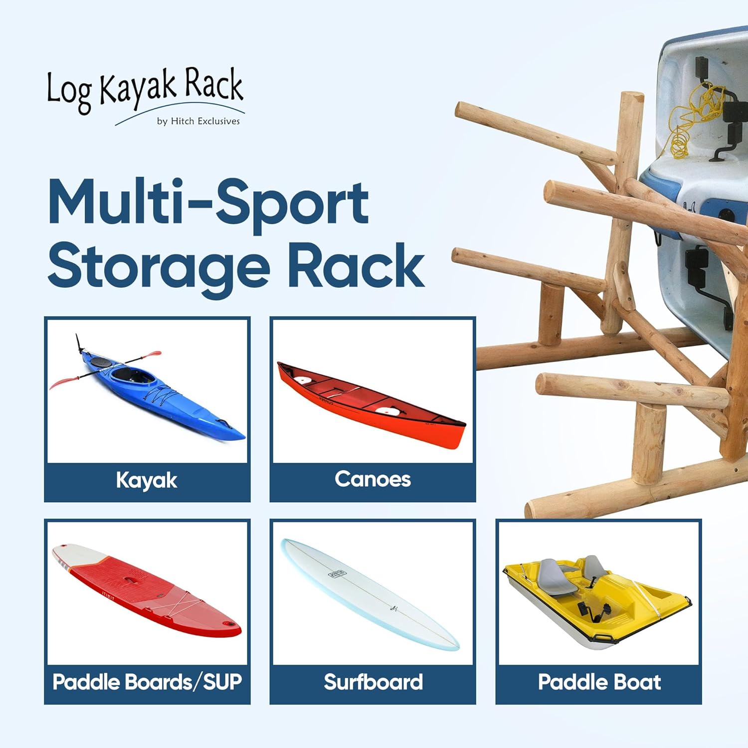 Log Kayak Rack 2-Place, One-Sided Kayak & SUP Log Racks + Paddle Boat Storage Rack, Surfboard Stand, Outdoor Storage Rack, SUP Storage Racks, Paddles for Kayaks