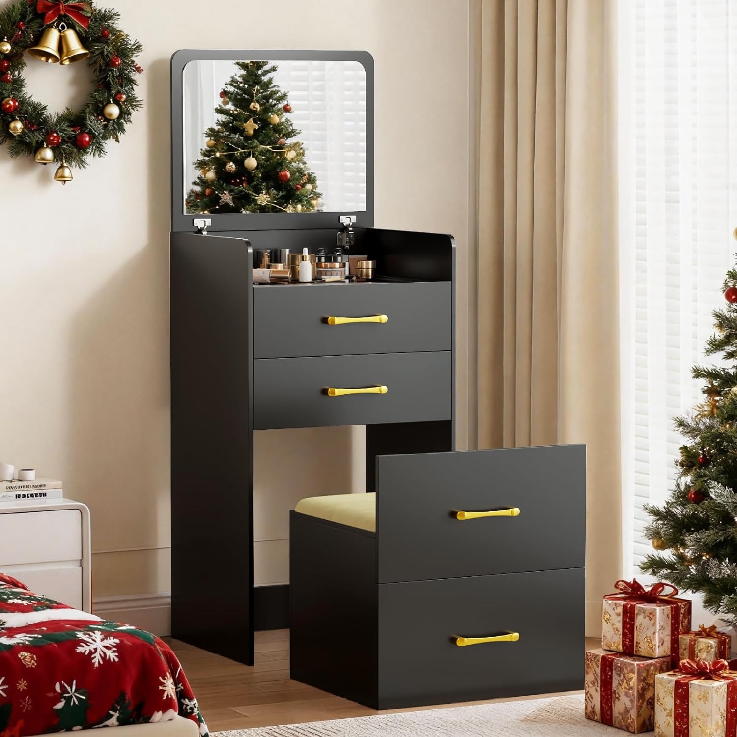 3 in 1 Make Vanity Desk with Flip Top Mirror,Glass Top Makeup Vanity Table with Cushioned Stool,Small Dressing Table with 3 Drawers,Compact Vanity Set for Apartment,Dormitory(Black)
