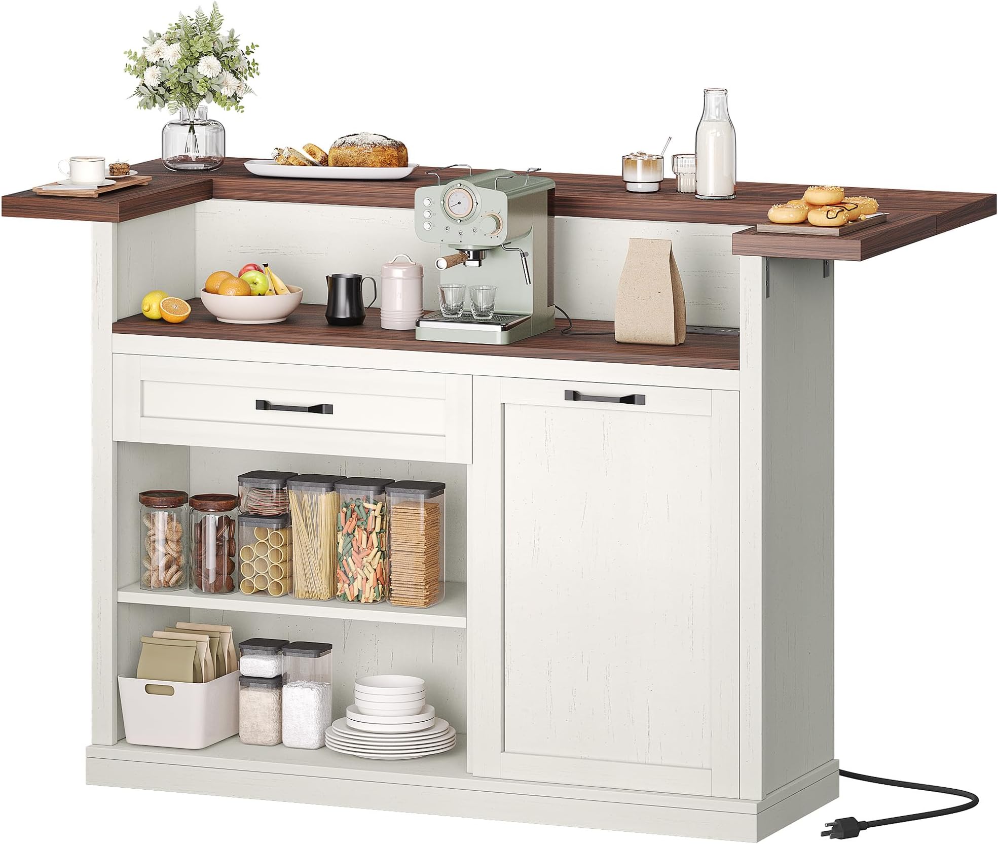 Kitchen Island with Seating, Rolling Kitchen Islands with Storage, 55" W Large Island Table, Breakfast Bar Counter with Drop Leaf, Trash Can Cabinet, Power Outlet for Dining Room, Walnut