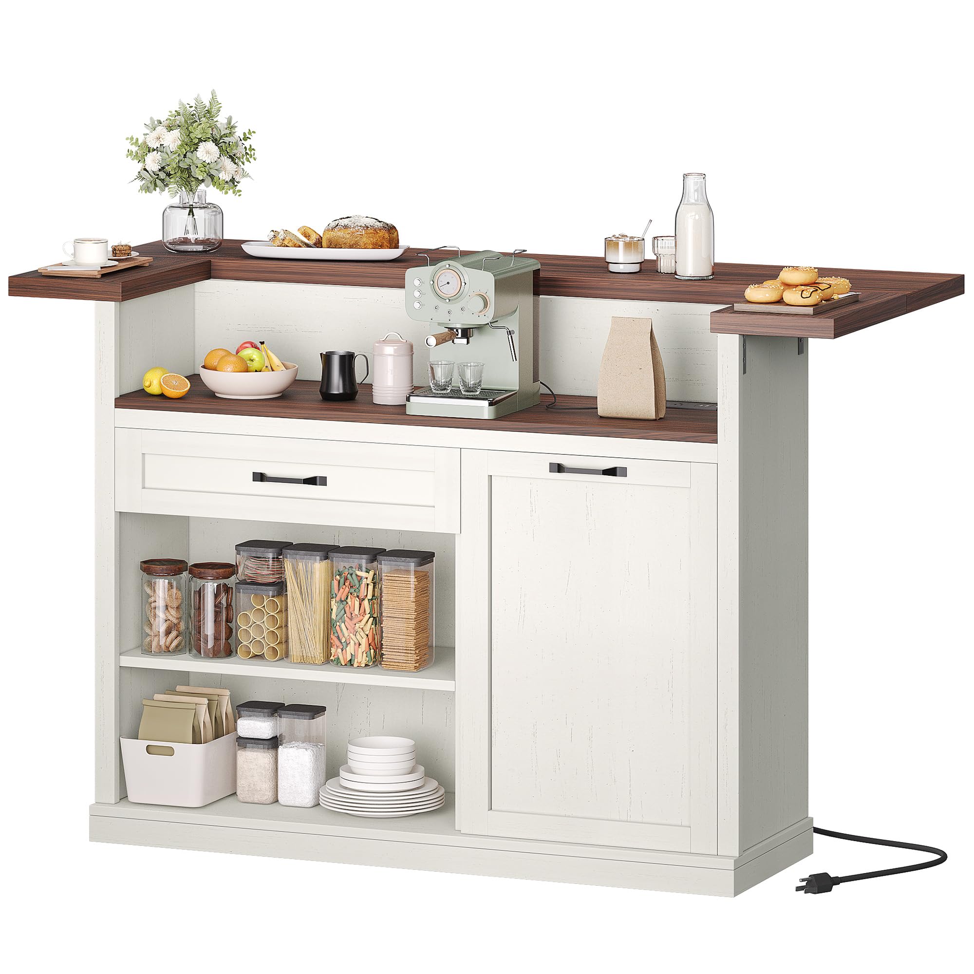 Kitchen Island with Seating, Rolling Kitchen Islands with Storage, 55" W Large Island Table, Breakfast Bar Counter with Drop Leaf, Trash Can Cabinet, Power Outlet for Dining Room, Walnut