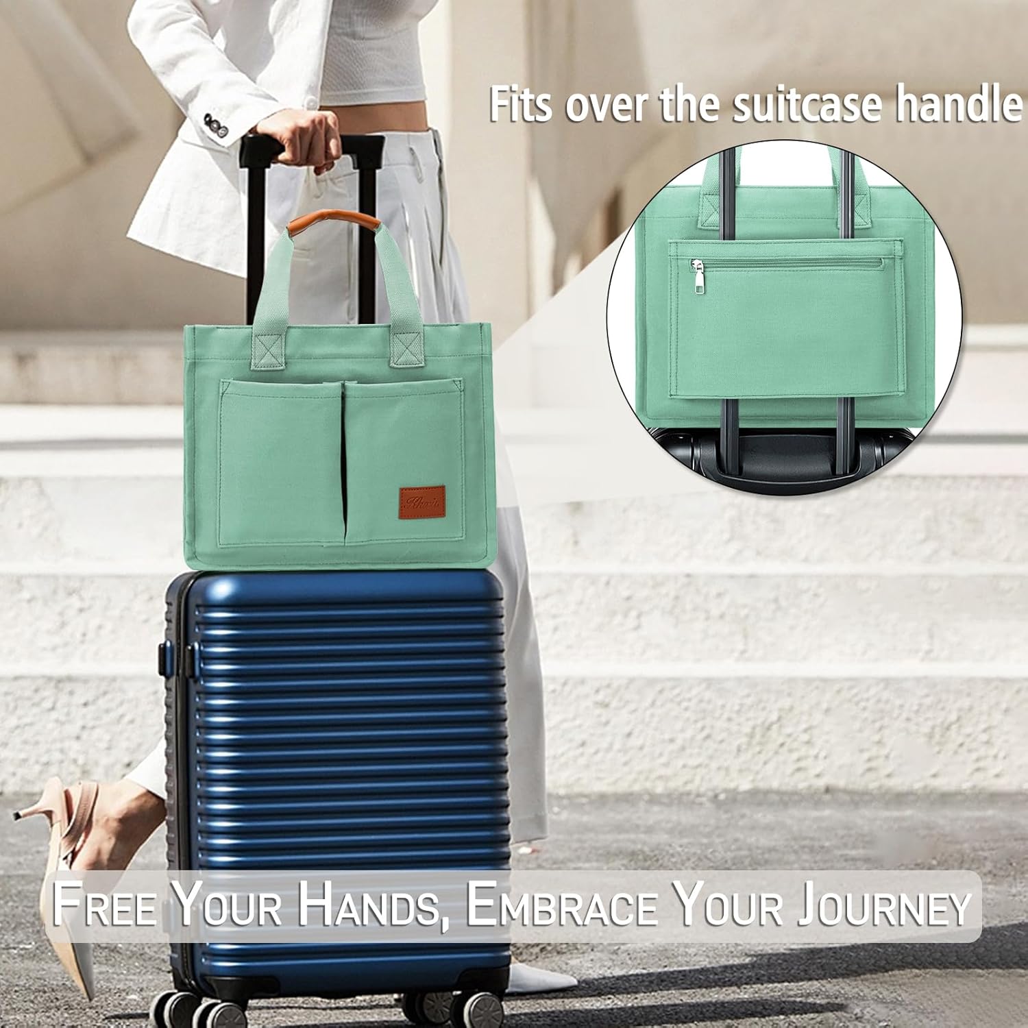 KKXIU Large Canvas Tote Bag for Women with Zipper and Compartments Crossbody Work Bible Messenger Purse Bag With Pockets - Image 7