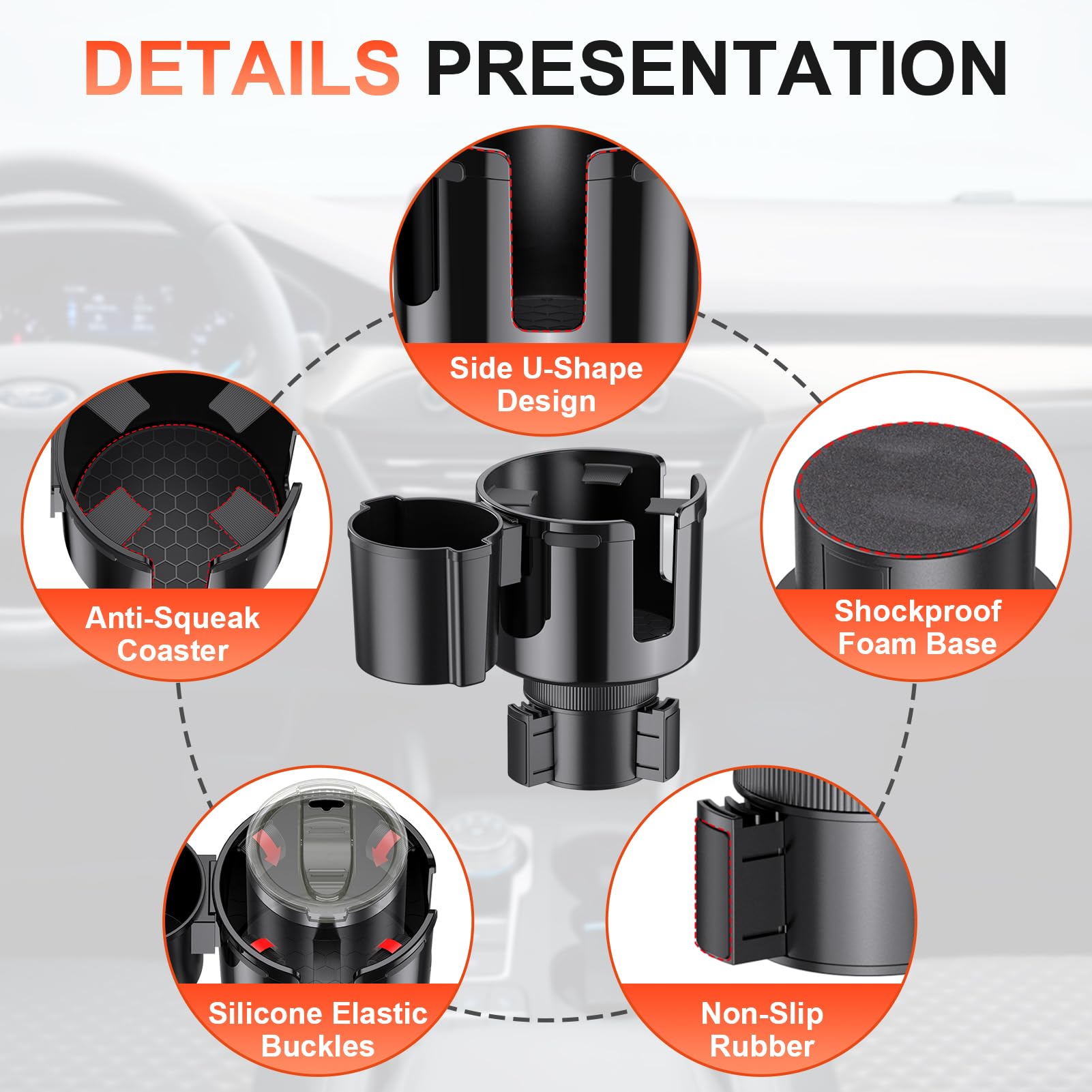 2-in-1 Car Cup Holder Expander, Upgraded Cup Adapter for Car with Offset Option,Phone Holder - Adjustable Base,Versatile Car Accessories Fits Yeti,Hydroflask & Large Water Bottles in 2.2