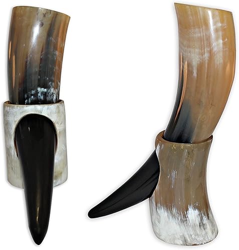 Miniatura 2 de AnNafi Cuerno vikingo para beber vinomead con soporte, auténtica taza de cerveza de inspiración medieval (mediana10-14 onzas)  Colección Game Of