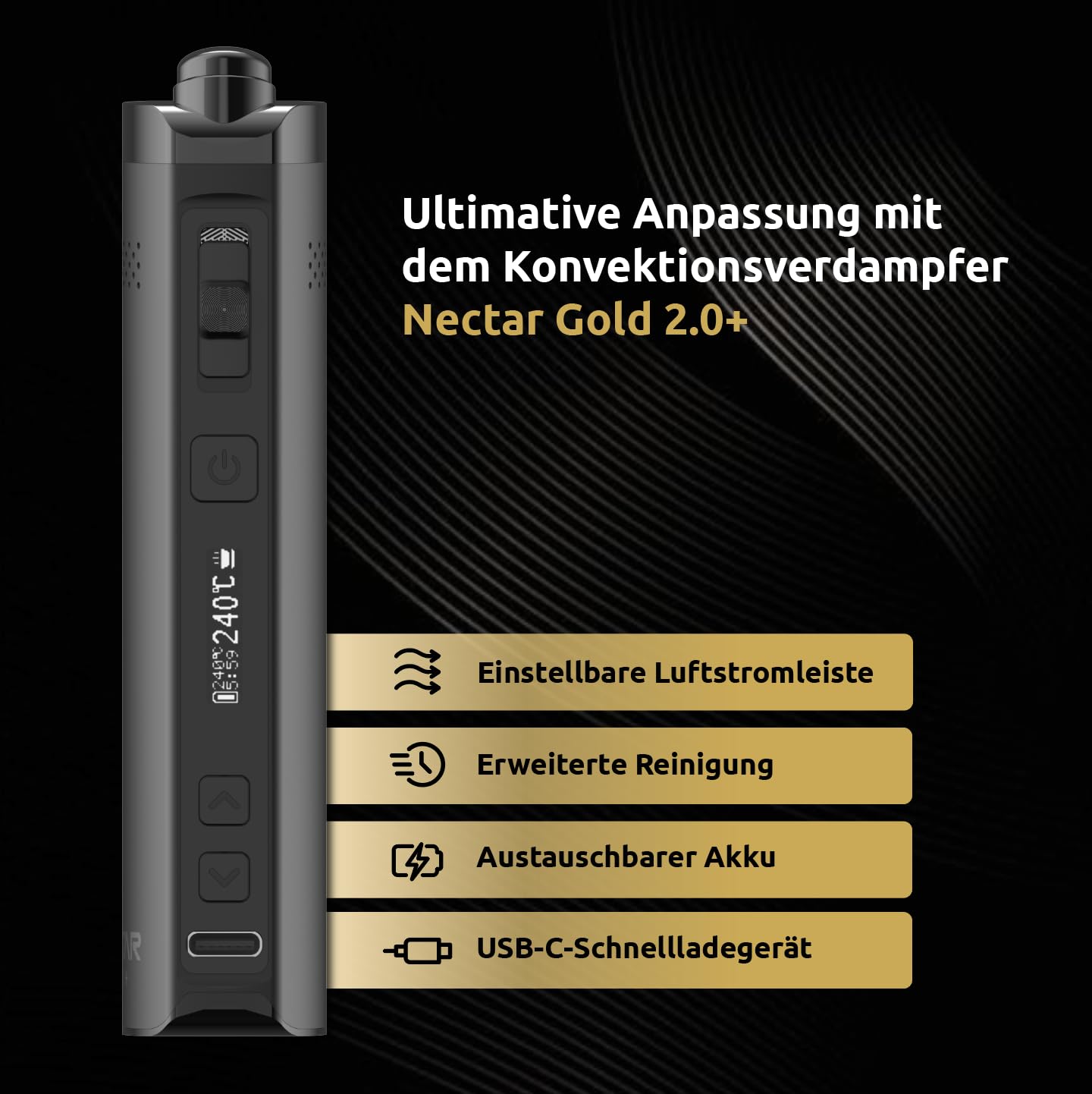 Nectar Gold 2.0+ Vaporizer für Kräuter und Extrakte | 3 Jahre Garantie | 3D-Heiztechnologie mit 15-Session-Akku, USB-C-Anschluss, Präzise Temperaturregelung, Einstellbarer Luftstrom