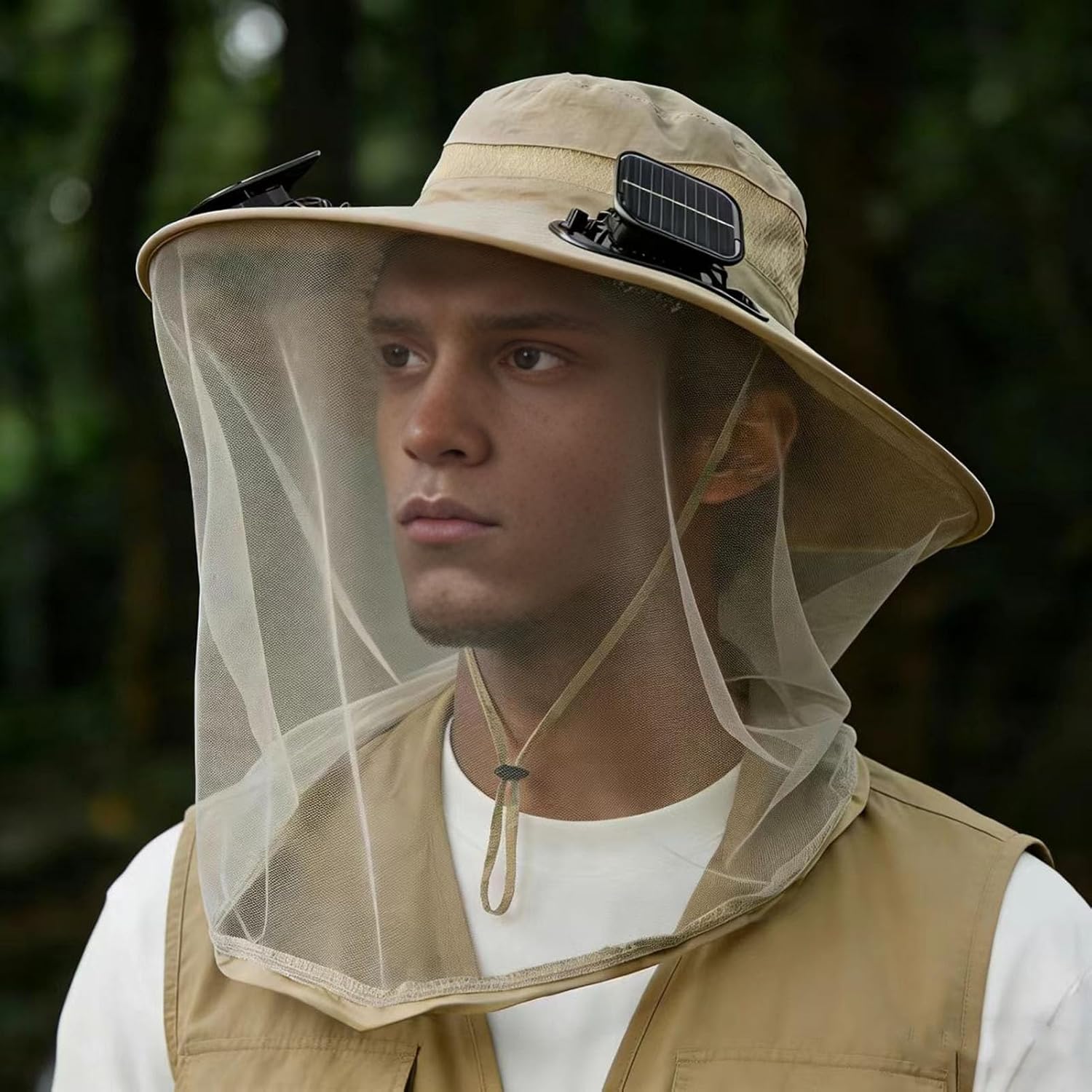 2026 Mosquito Net Hat with Fan - Wide Brim Solar Fan Hat with Netting, Waterproof Outdoor Hiking Camping Fishing Hats