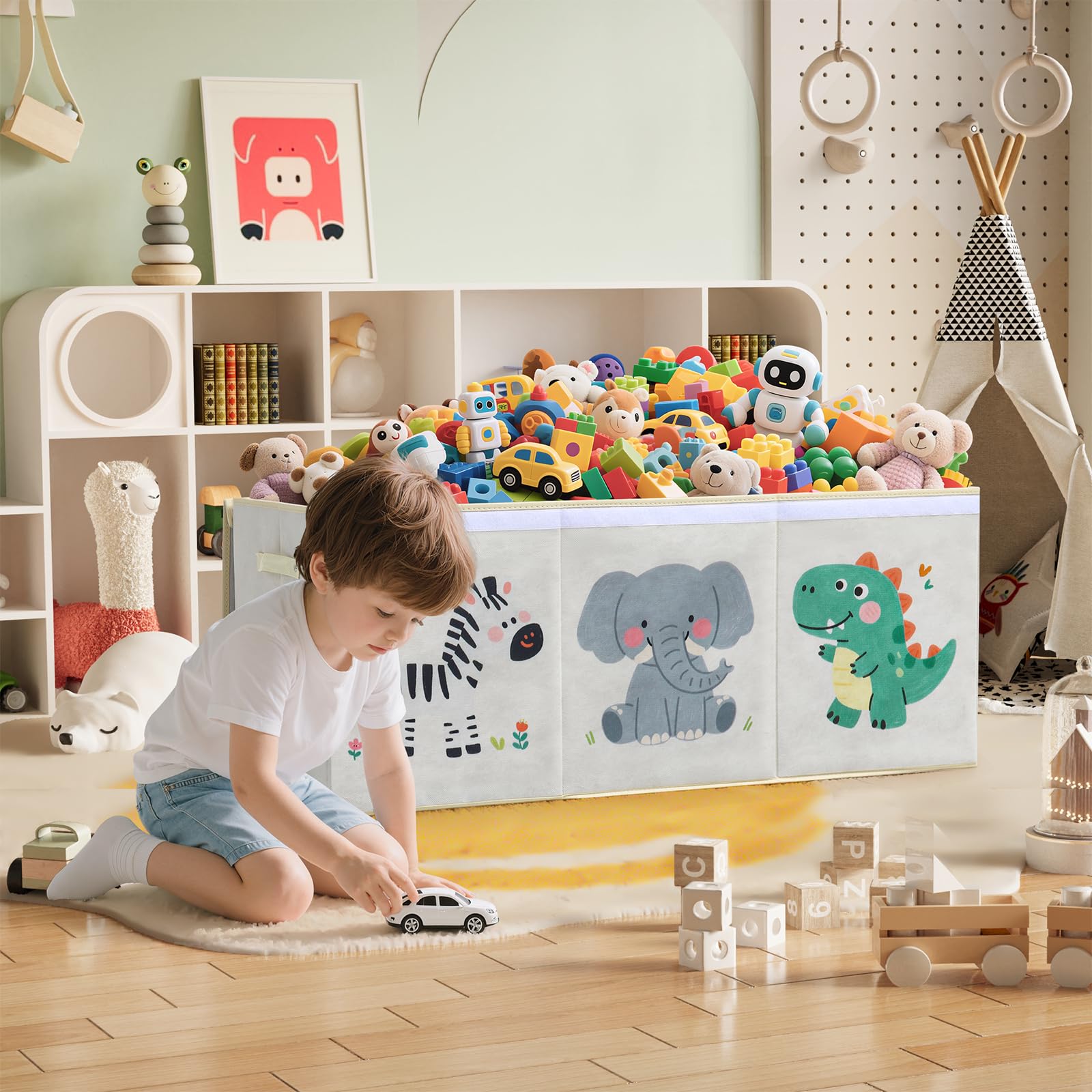 ELUCHANG Scatole Portaoggetti per Bambini，Contenitore Porta Giochi con Coperchio，147 L Porta Giochi Bambini Contenitori Pieghevole per Giocattoli, Vestiti, Guardaroba, Libri, Beige