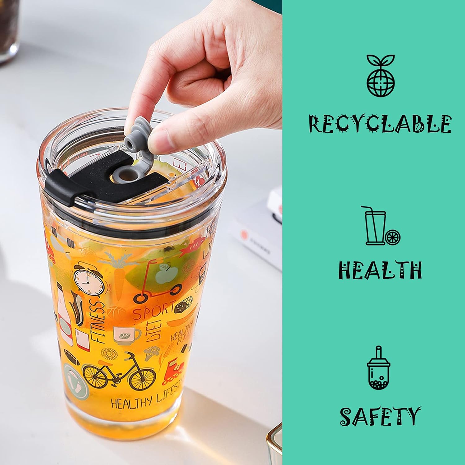 opjgw Recycled Glass Cup 450ml with Handle and Straw Transparent Juice Milk Tea Water Bottle with Lid and Scale Drinking Straw Coffee Cup Glasses (Fruitjuice) - Image 4