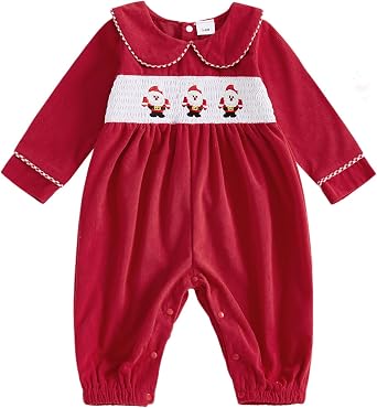 Newborn Baby Boy Girl Christmas Outfit Santa Smocked Romper Peter Pan Collar Long Sleeve Corduroy Jumpsuit Clothes