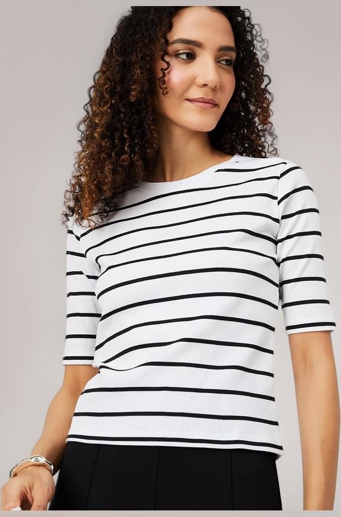 Max Women's Cotton Polyester Elastane Striped Regular Fit T-Shirt