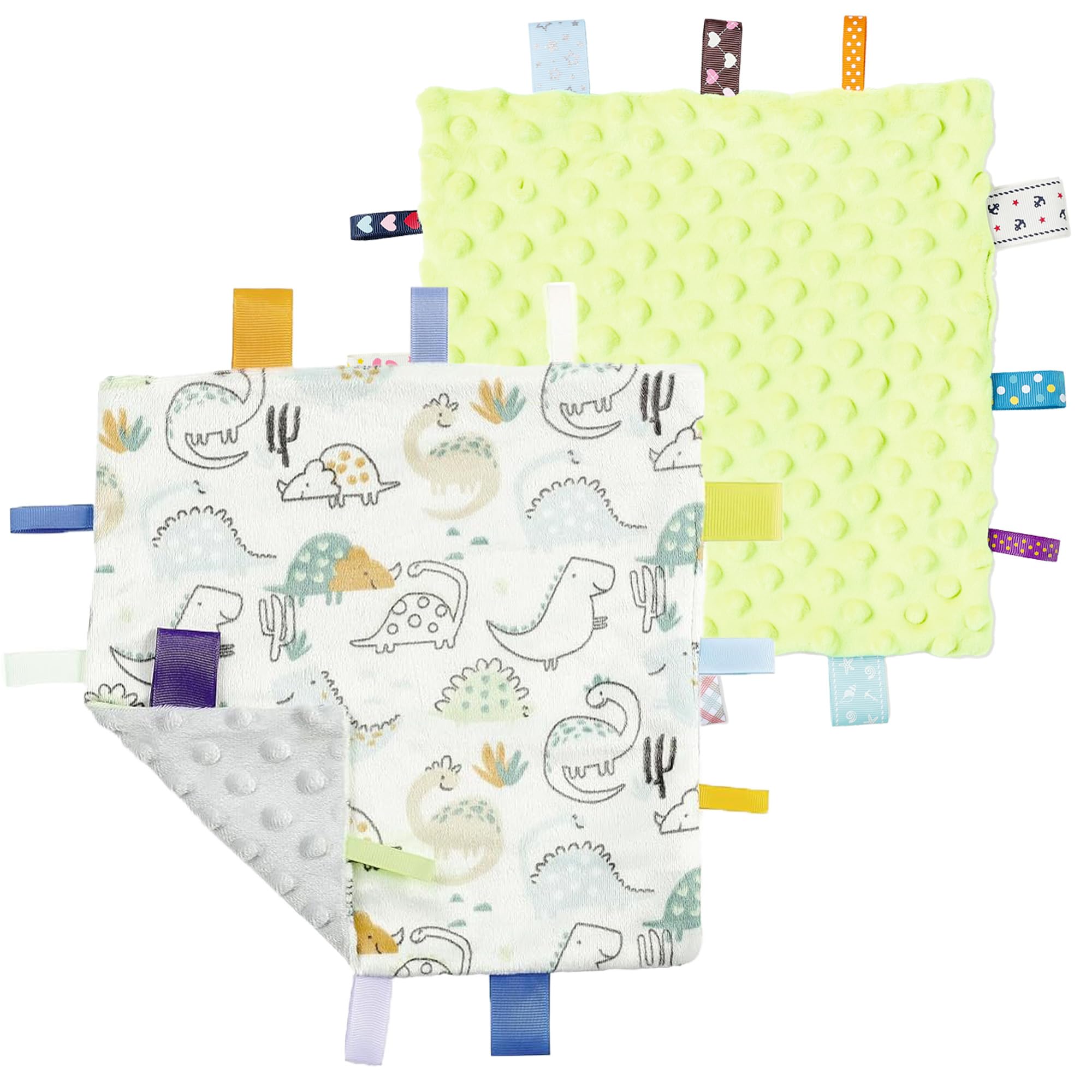 CREVENT Tag Security Blankets for Babies, Soft Small Loveys for Boys, Baby Comforter Sensory Blanket, Great Gifts for Birthday Baby Shower - 10"X10" Green + Dinosaur