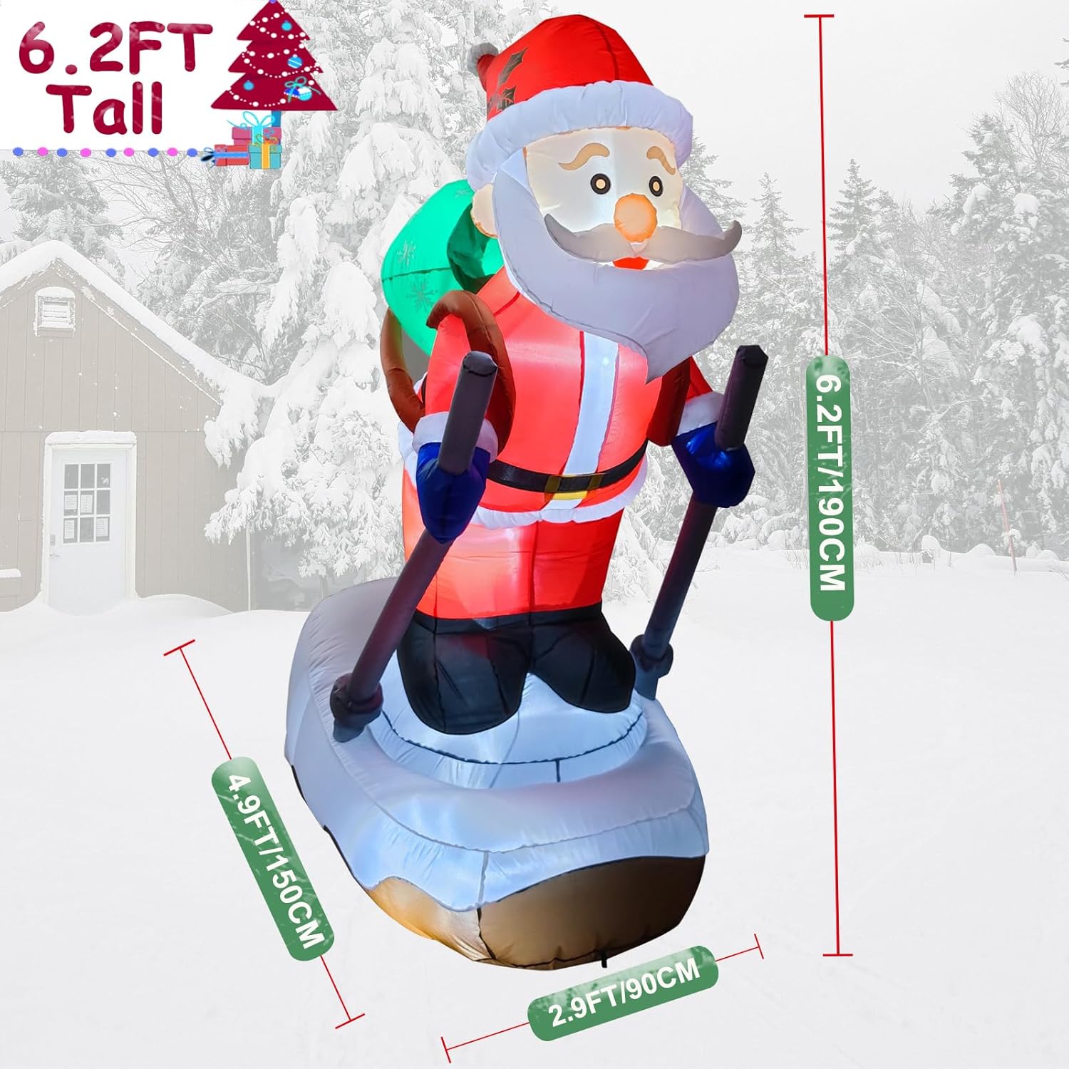6.2FT Christmas Inflatable Santa Claus Outdoor Decoration, Built-in LED Lights Blow Up Skiing Santa Claus, Santa with Snowboard Inflatable Decor for Xmas Yard Outdoor Indoor Lawn Garden Party - Image 2