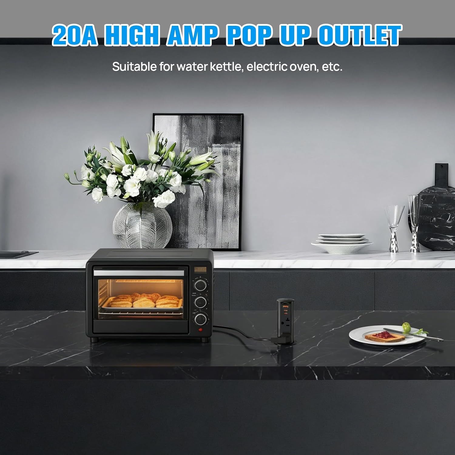 ANNQUAN 20 Amp 2 inch Pop Up Outlet for Countertop with PD20W USB Ports,Pop Up Socket with 2 Outlets 3 USB Ports for Home Office Kitchen