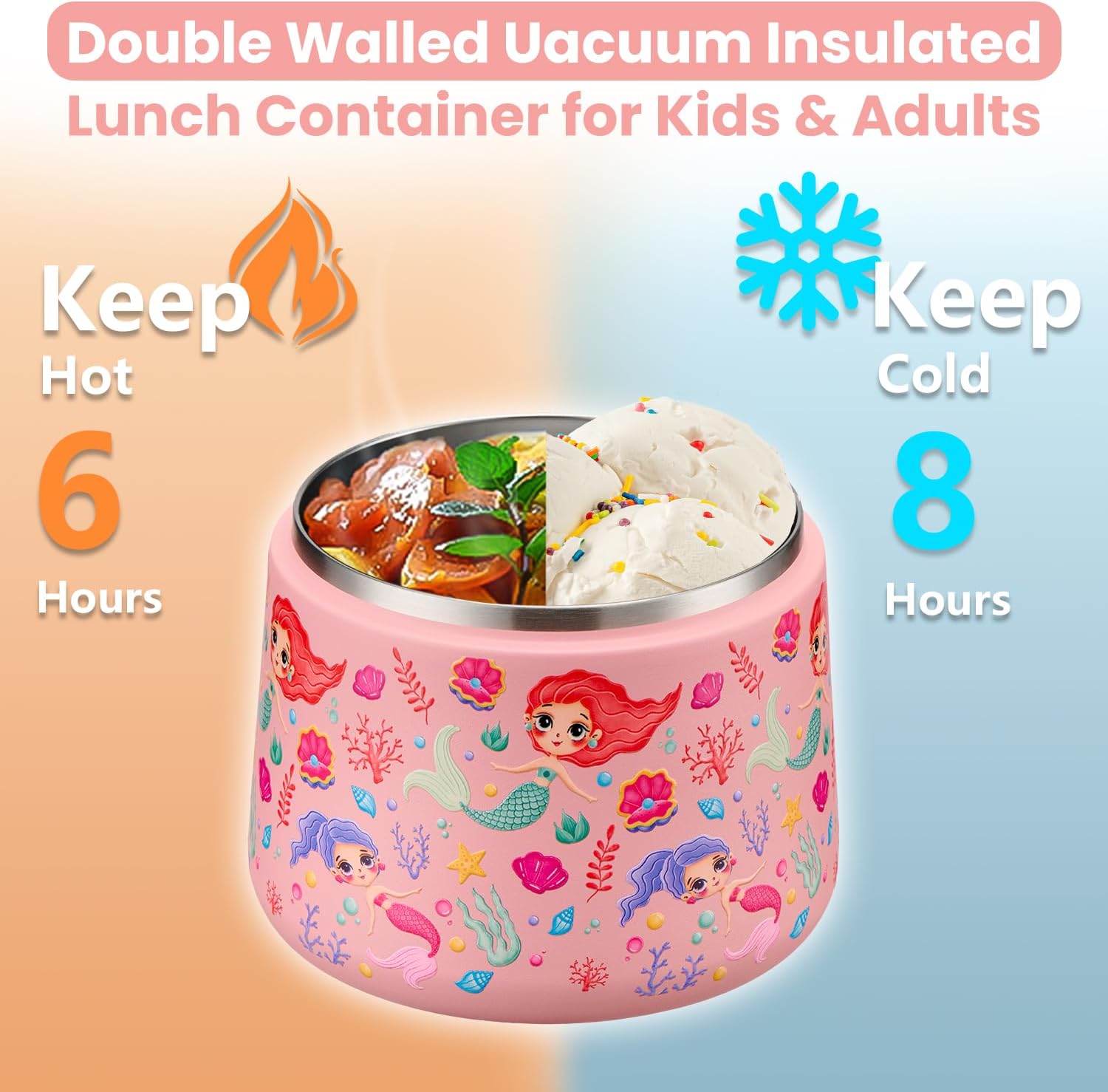 14oz Insulated Vacuum Food Jar with Buckle Lid,Soup Thermo for Hot Food Kids,Wide Mouth Leakproof Stainless Steel Lunch Container with Spoon-Mermaid - Image 5